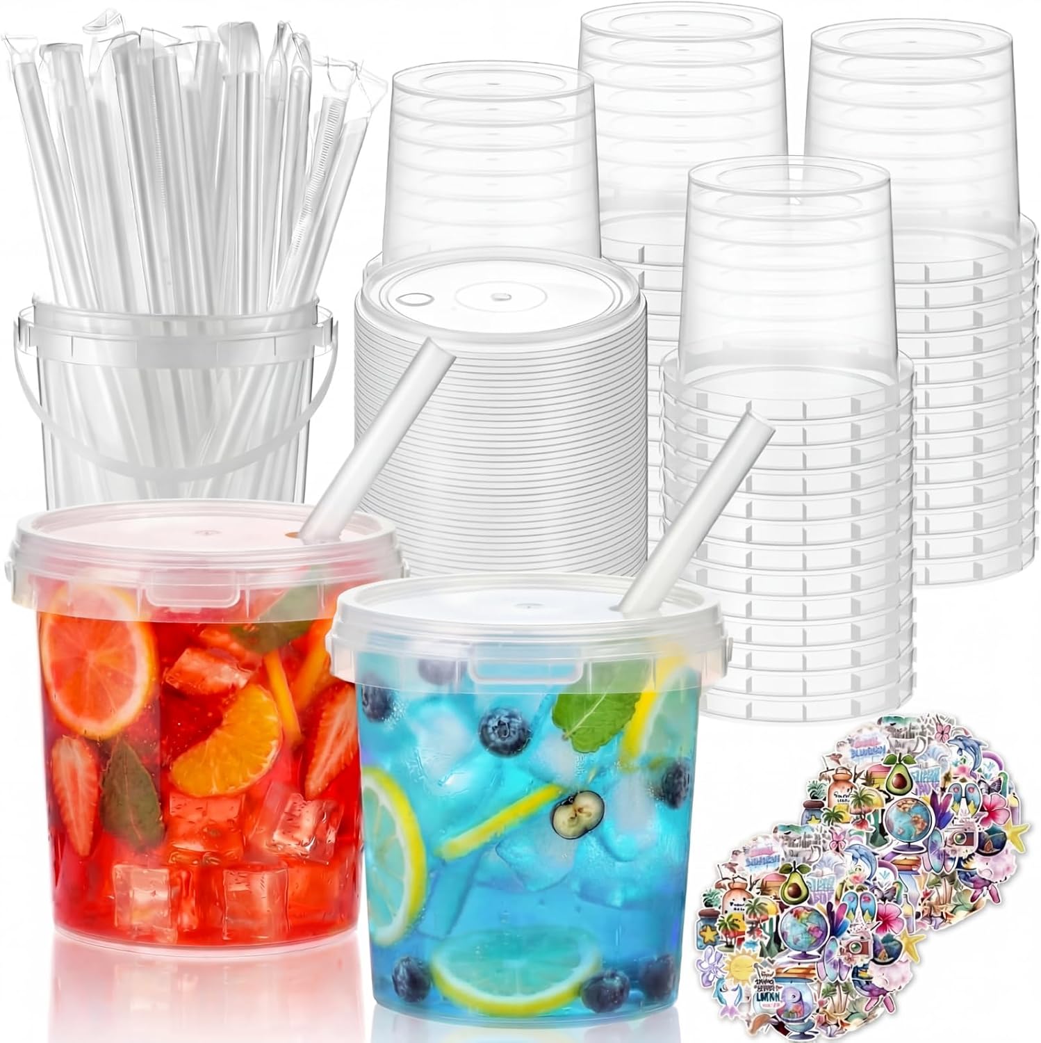 meekoo 72 Set Clear Plastic Drink Buckets 34 oz Disposable Drink Buckets with Lids and Straws Reusable Rum Bucket Cocktail Pail with Handle and Summer Stickers for Summer Pool Beach Party Supplies