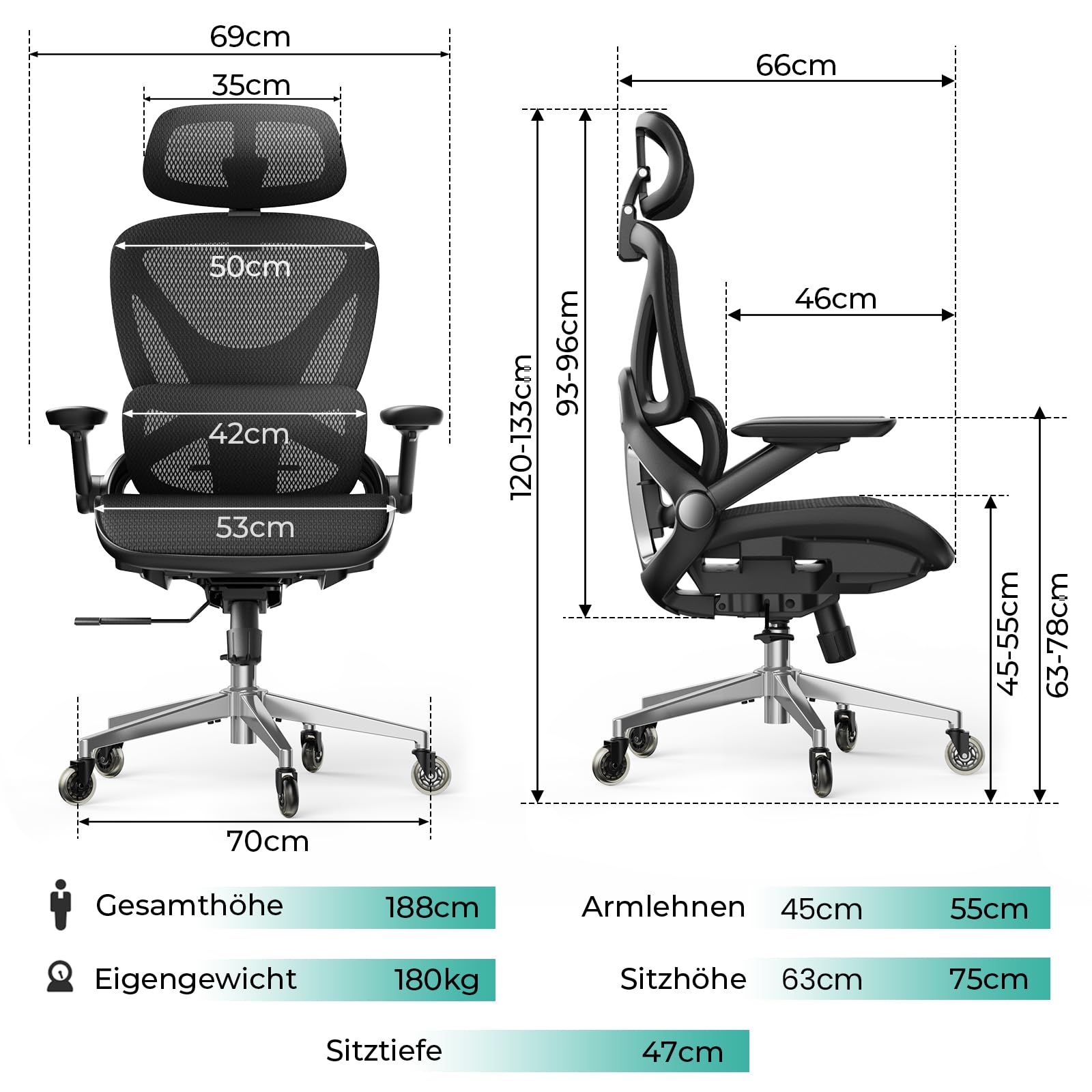 CAPOT Ergonomischer Bürostuhl aus Netzstoff, Verstellbarer Schreibtischstuhl mit hoher Rückenlehne, 180 kg, 4D-Klapparme, 3-stufige Neigungslehne, 3D-Kopfstütze, PU-Räder, drehbarer Computerstuhl für
