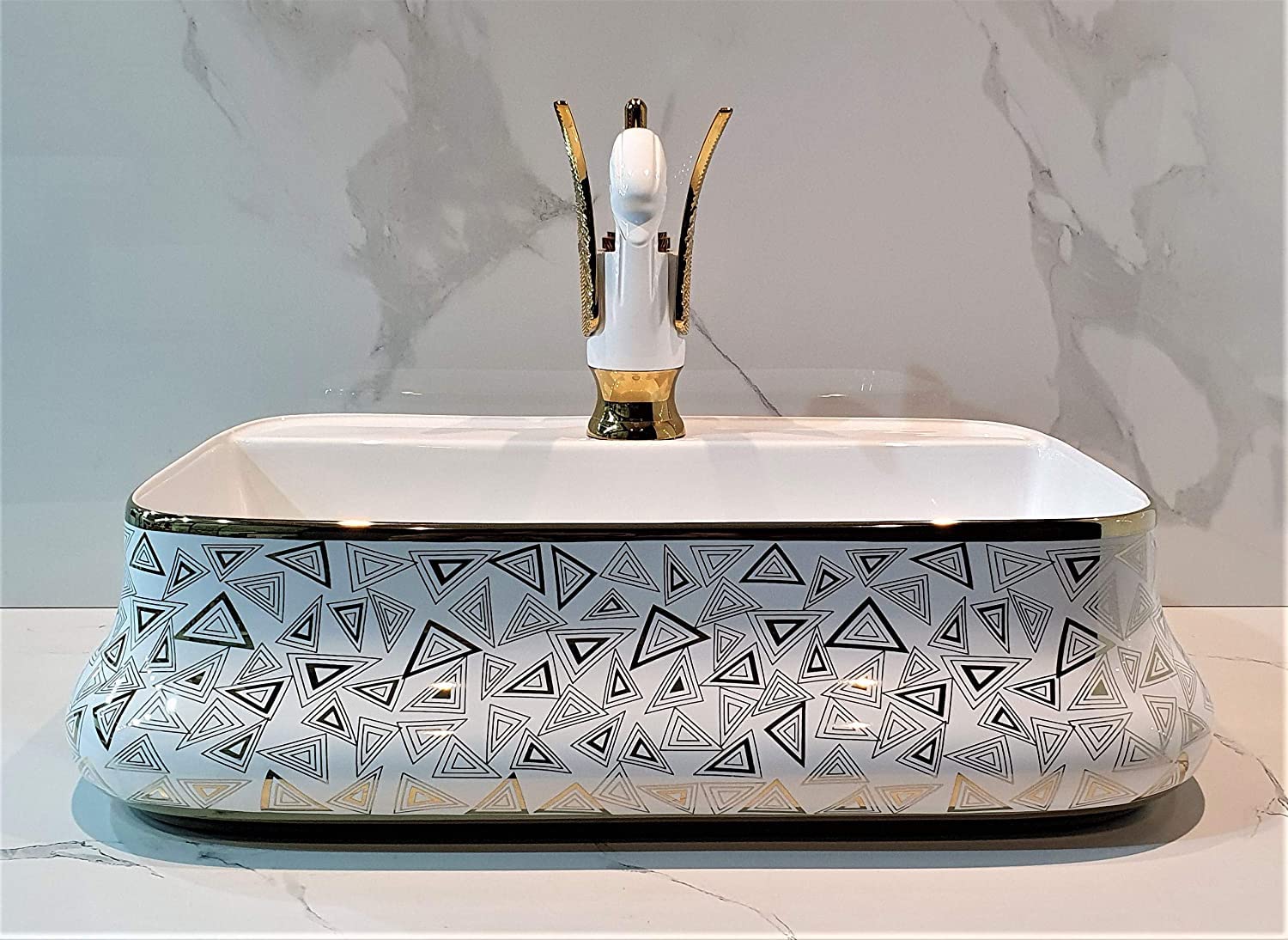 Sanque Table Top Ceramic Wash Basin Countertop, Tabletop Ceramic Bathroom Sink/Basin Vessel Sink/Counter Top Wash Basin For Bathrooms & Living Room 21 X 14 X 5 Inch (Gold White) (Basin & Tap) (B09QMHHL6V) Amazon Price History, Amazon Price Tracker