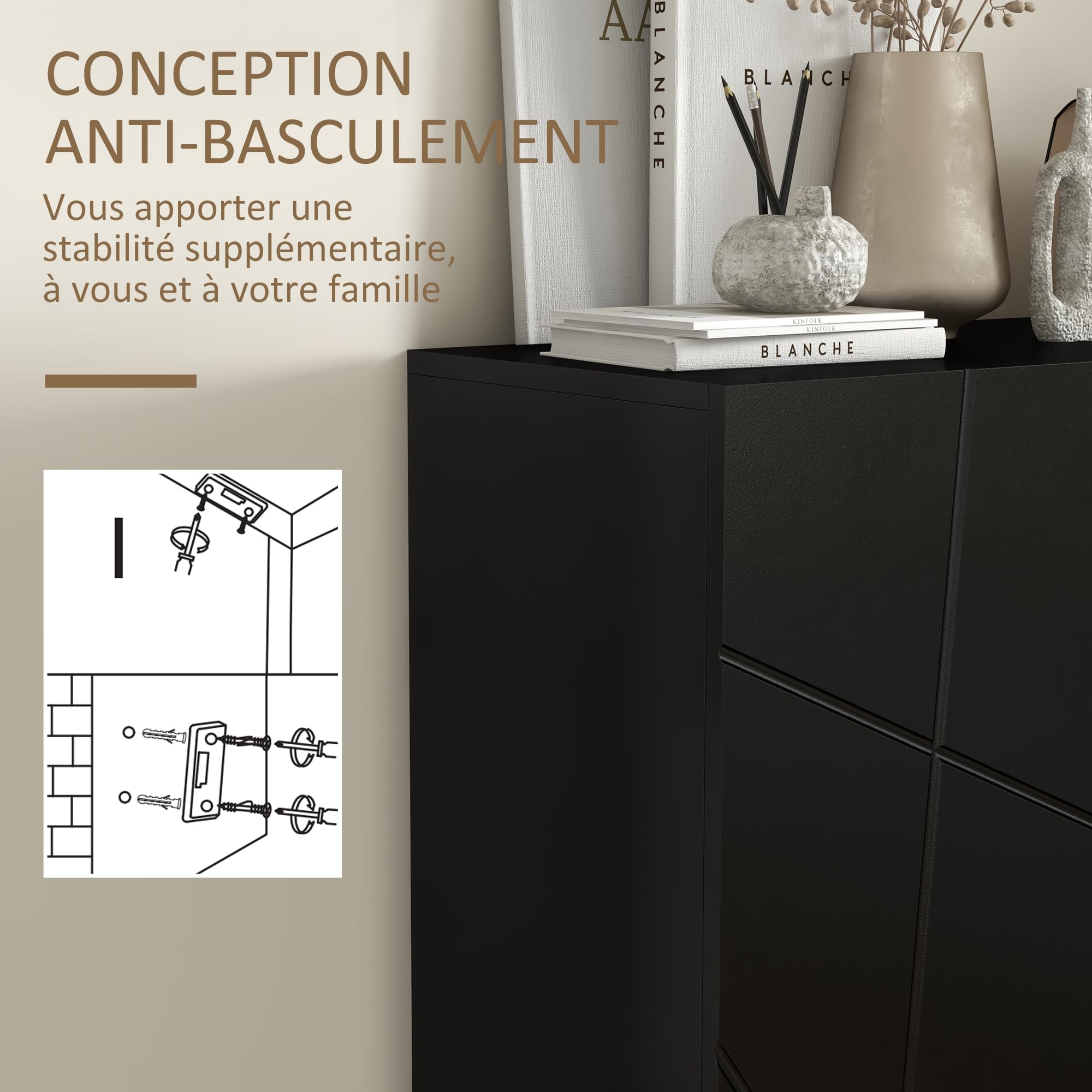 HOMCOM Meuble à Chaussures à Haute Brillance 2 Portes Noir Laqué | Meuble de Rangement à Chaussures pour 15 à 20 Paires, Charnières à Fermeture Douce, Étagères Réglables