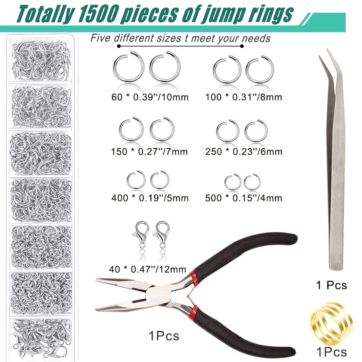 Open Jump Rings, 1500 pcs Jump Rings and Lobster Clasps Jewelry Finding Kit Jewelry Making Tools with Pliers Tweezers for Jewelry Making Necklace Repair