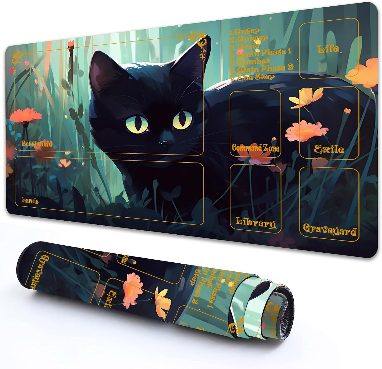 for MTG Playmat with Zones 24" x 14" with High Elastic Rubber Base Non-Slip Rubber Sole HD Printing for MTG Mat Magic Mat Card Playmat Magic Playmats, Black Cat in The Flowers