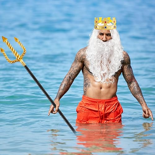 Miniatura 4 de Shappy Juego de 4 piezas de accesorio para disfraz de rey Neptuno, peluca blanca y barba, Tridente dorado, corona de rey dorado para disfraz de