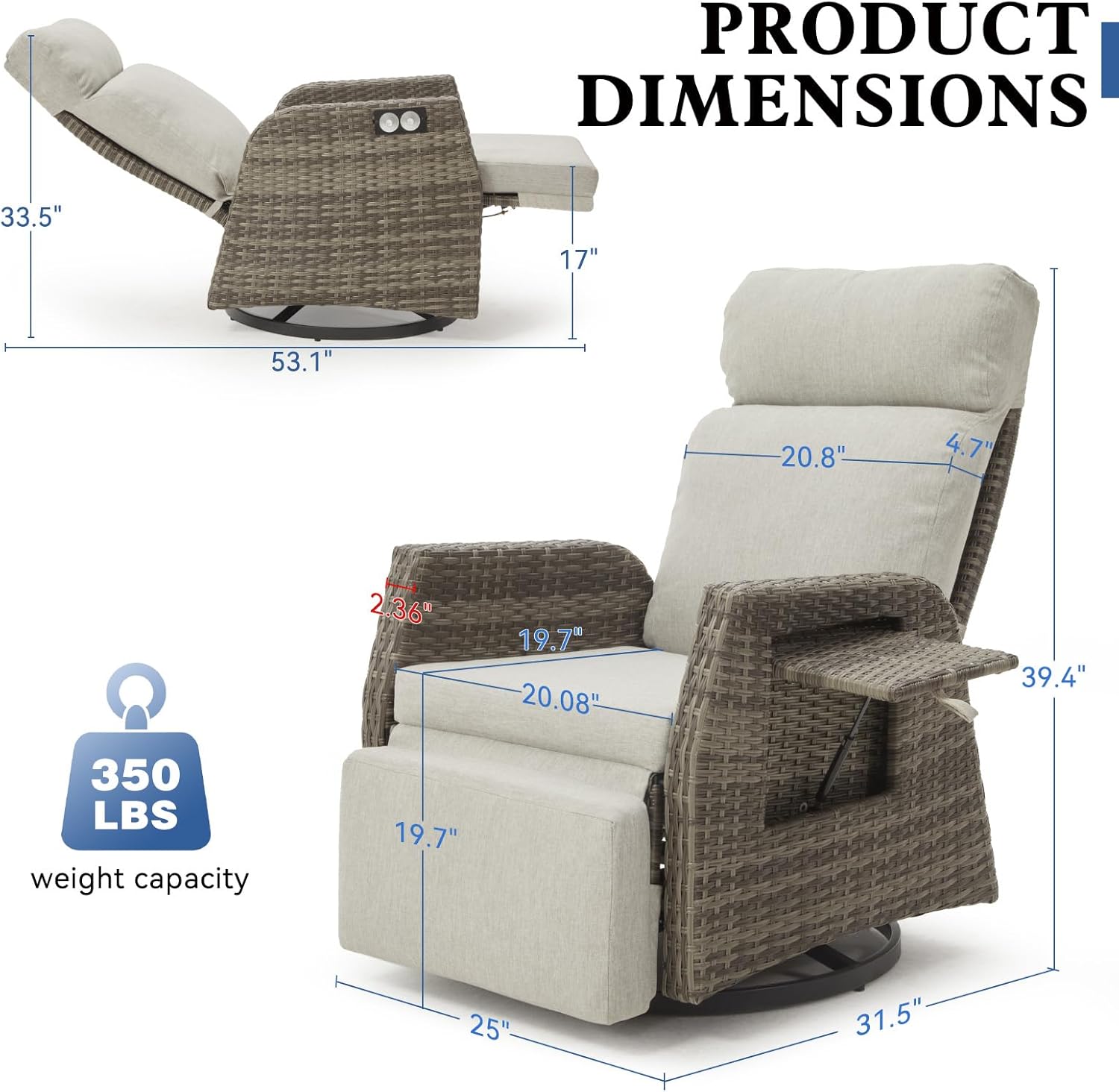 Adjustable Outdoor Recliner Chair with Independent Backrest & Footrest, Gray