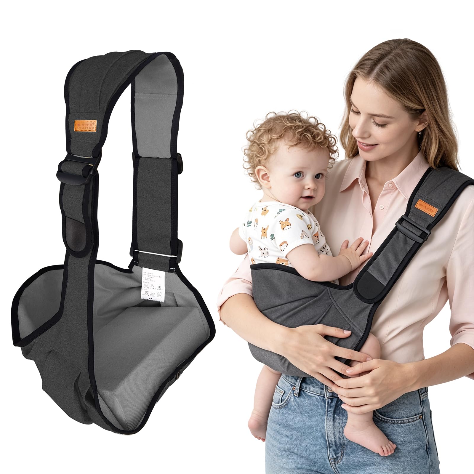 Photo 1 of Baby Sling Carrier for Toddler, Baby Side Carrier with Detachable Seat Cushion, Lightweight Toddler Carrier Fits 9–48 Months, Adjustable Shoulder Strap, One Size Fits All Parents (Grey)
