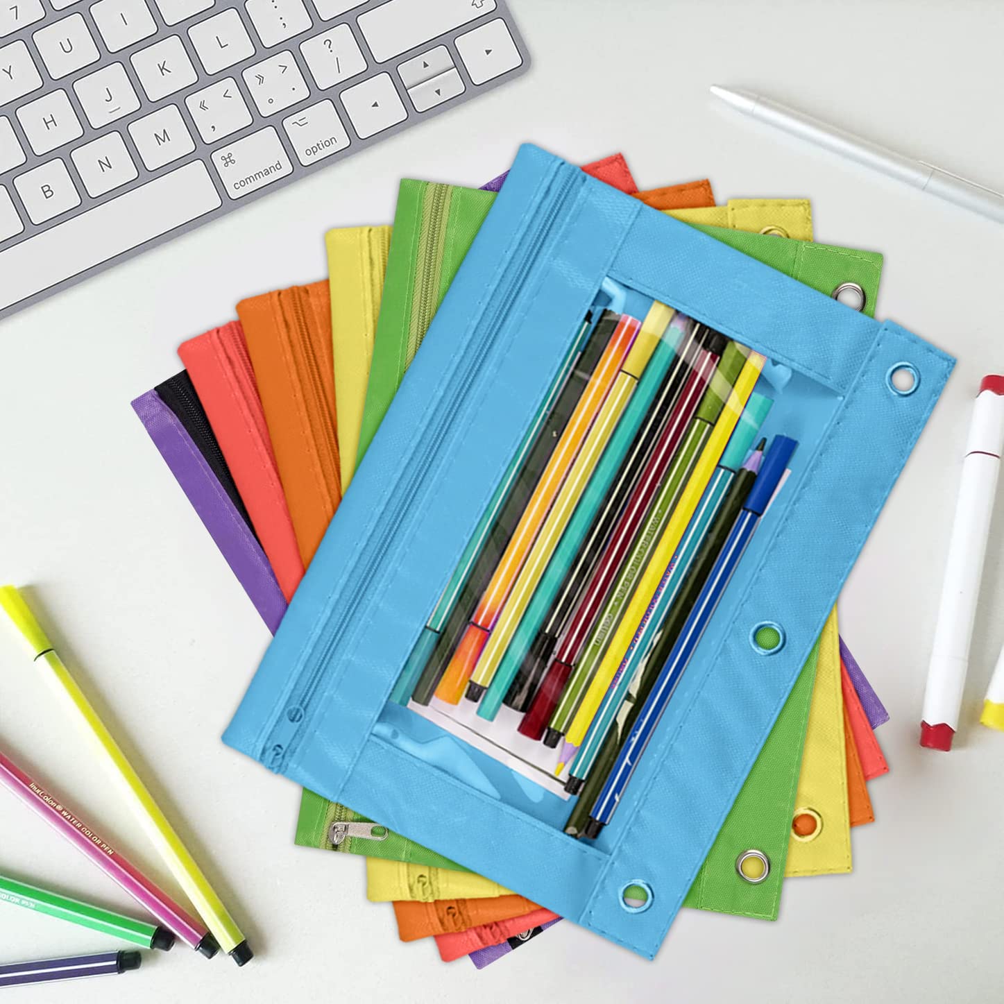 YoeeJob Confezione da 24 astucci a 3 anelli, con cerniera, portapenne con finestra trasparente, organizer per scuola e ufficio, 6 colori - 24 pezzi, 9.8x7.3 inches, Astuccio