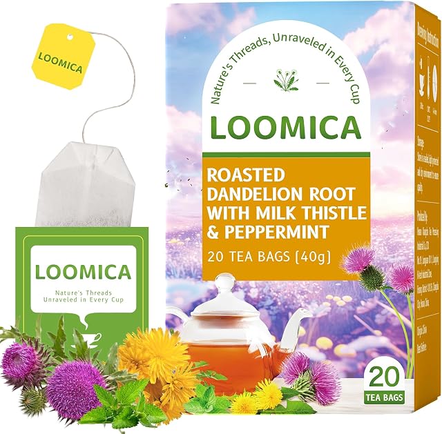 LOOMICA Roasted Dandelion Root Tea with Milk Thistle, Caffeine-Free, with Refreshing Peppermint, Individually Wrapped Bags, No Artificial Sugar Added, 20 Counts