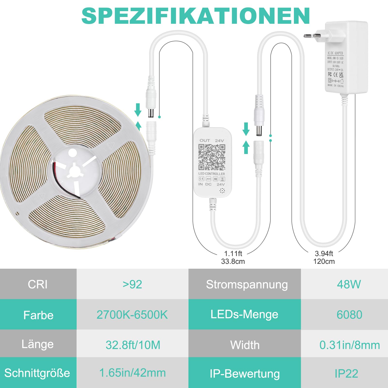 Striscia LED COB da 10 m, controllo tramite app, bianco caldo, bianco freddo, 2700 K-6500 K, 24 V, dimmerabile, flessibile, set con telecomando e alimentatore, CRI 92 6080 LED per