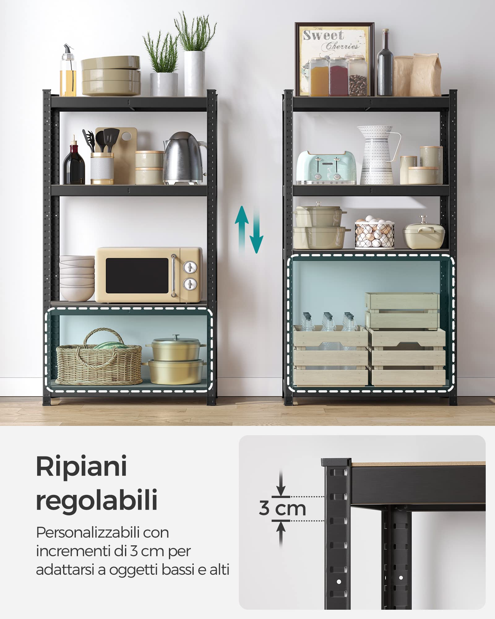 SONGMICS Mensola portaoggetti a 4 livelli, 40 x 80 x 160 cm, capacità 520 kg, tavole regolabili, stile industriale, per cucina, soggiorno, nero, GLR044B01