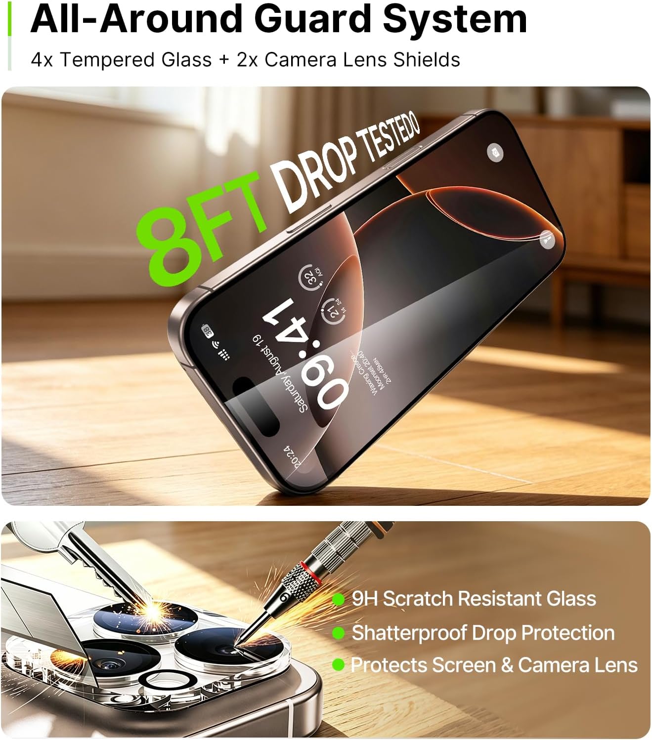 iGluz 4+2 Pack for iPhone 16 Pro Privacy Screen Protector with Camera Lens Protector 6.3 inch,9H+Tempered Glass[12FT Military Grade Shatterproof &100% Anti-Spy],3D Micro-Curved Edges[Longest Durable]