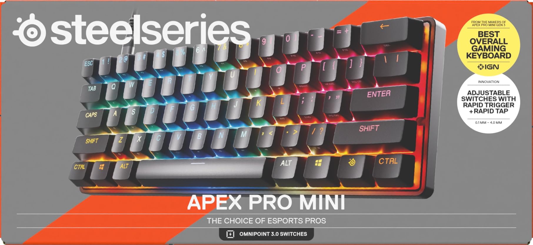 SteelSeries Apex Pro Mini Gen 3 con Switch HyperMagnetic OmniPoint 3.0 - Attuazione regolabile - Rapid Trigger - Preset di gioco - Protection Mode - Rapid Tap/SOCD - RGB -Copritasti in PBT - UK QWERTY