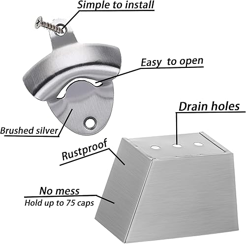 Miniatura 3 de Luwanburg Abridor de botellas de cerveza de acero inoxidable para exteriores montado en la pared con agujeros de drenaje para atrapar tapas (plata