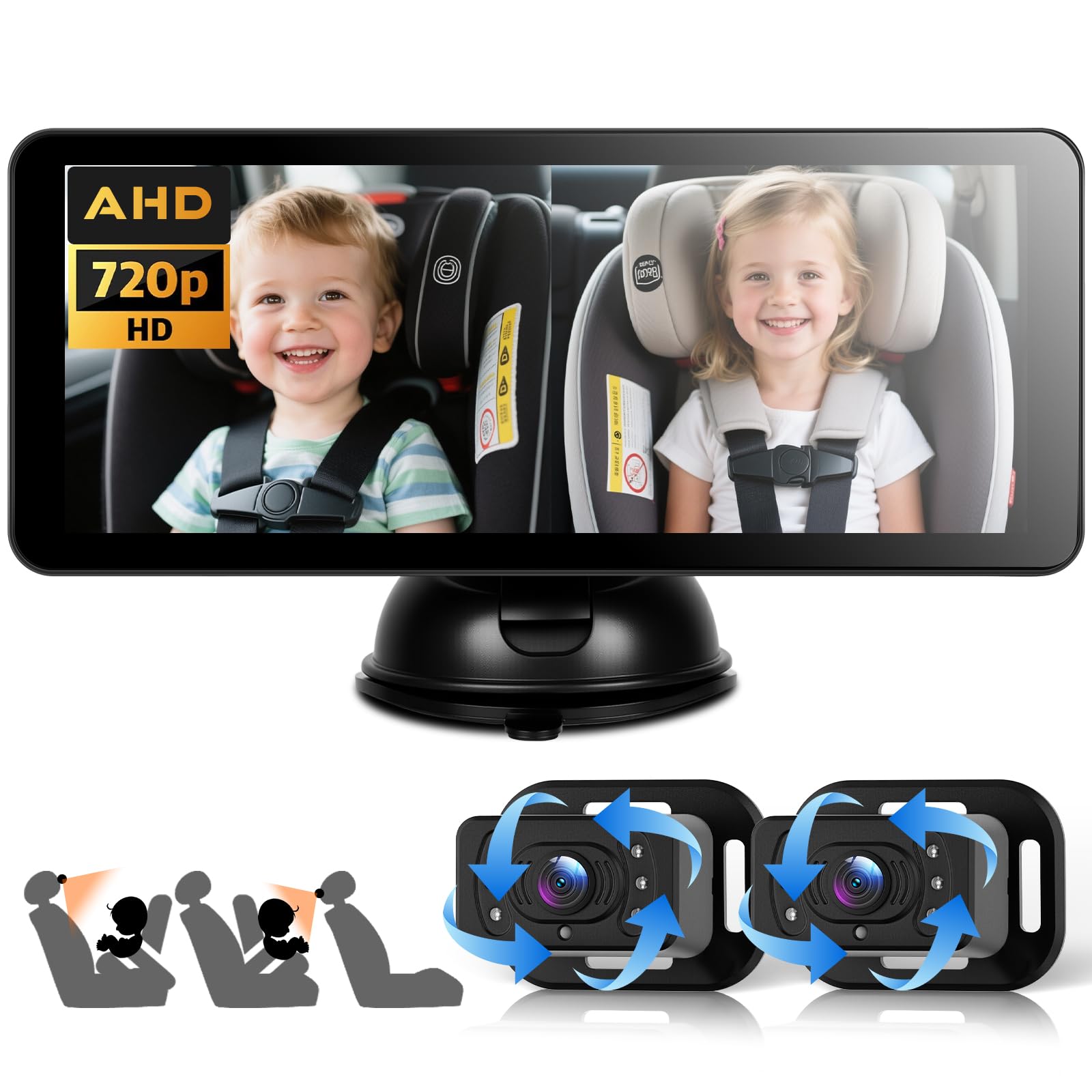 VECHTEL Dual Cámara Bebé Asiento Trasero HD 720P Espejo Retrovisor Bebé Coche Pantalla 6.86",Cámara de seguridad con visión nocturna giratoria de 360° para el espejo del asiento del coche