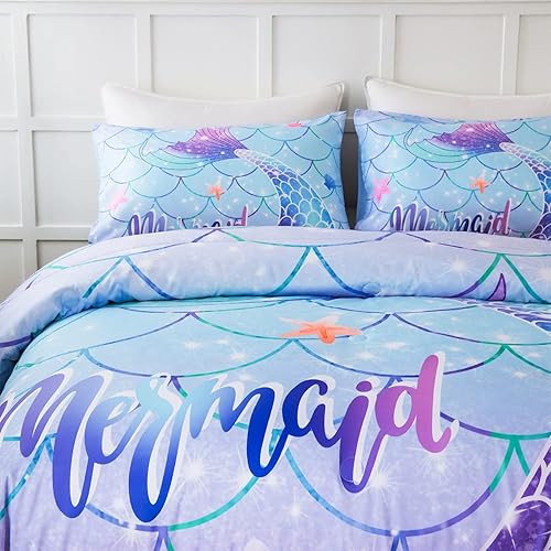 Miniatura 8 de ZRNBAST Juego de edredón de sirena tamaño individual para niñas, juego de ropa de cama de 3 piezas morado y rosa para niños y adolescentes, edredón