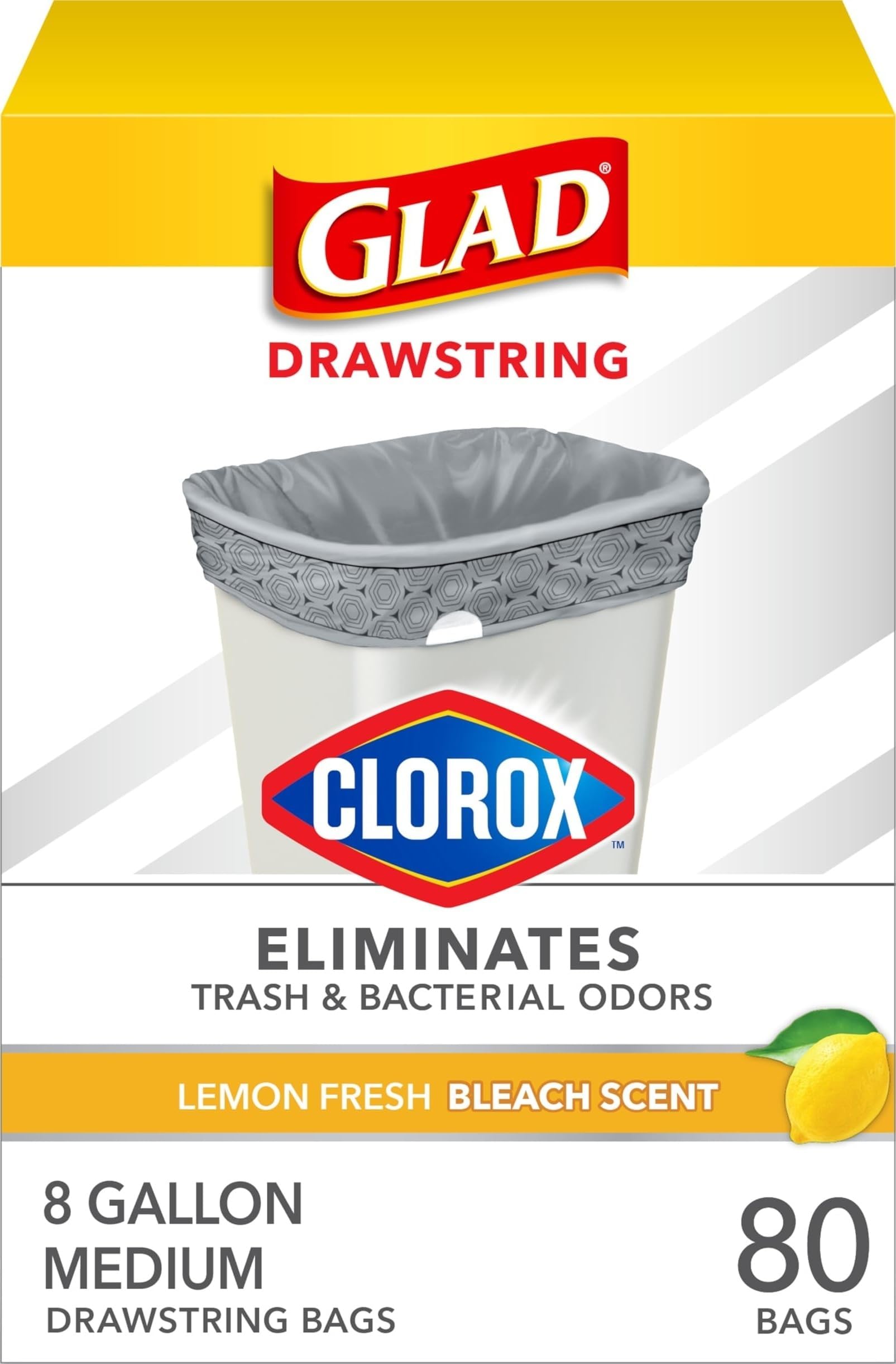 Glad Medium Trash Bags, 8 Gallon, Lemon Fresh Bleach Garbage Bags, Resists Bacterial Odors with Drawstring, 80 Count