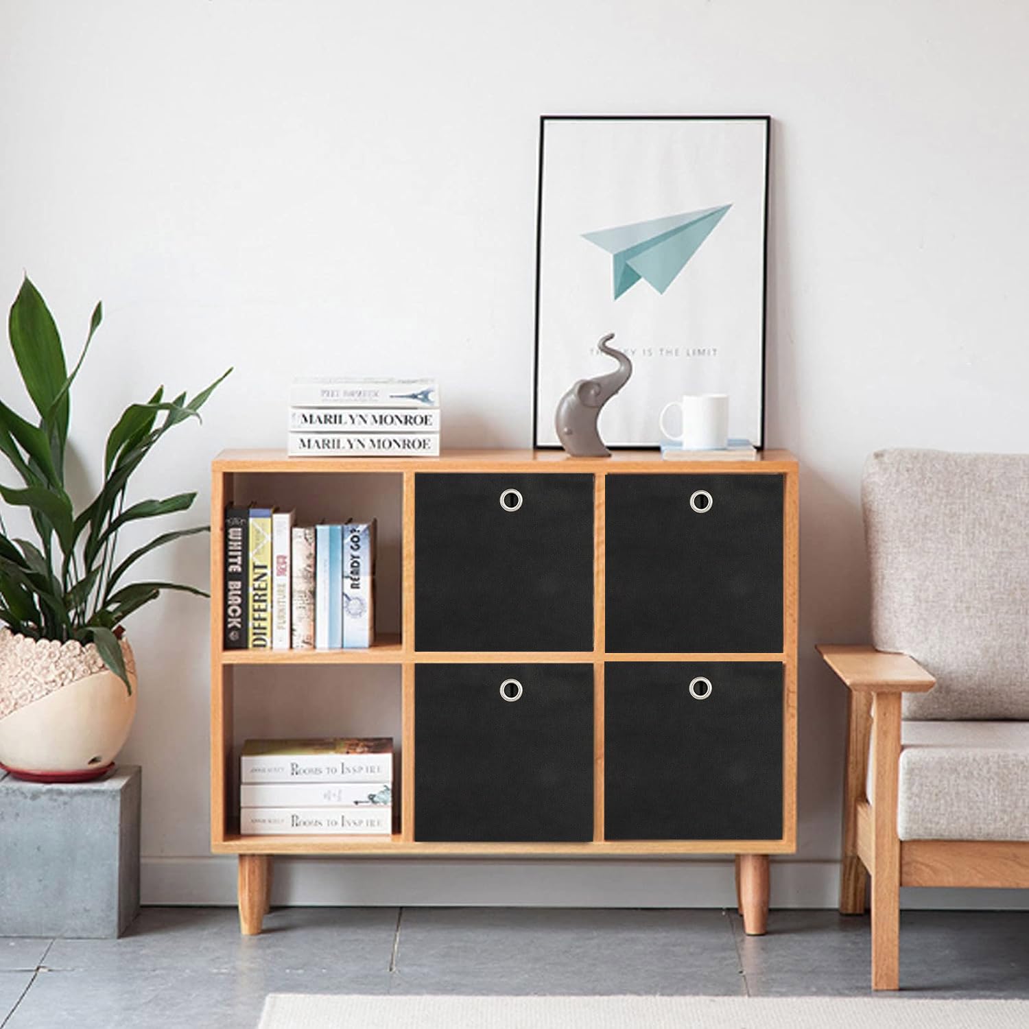 Set di 6 scatole pieghevoli in tessuto, 33 x 38 x 33 cm, con foro per le dita, per scaffali o armadi, scatole (nero)