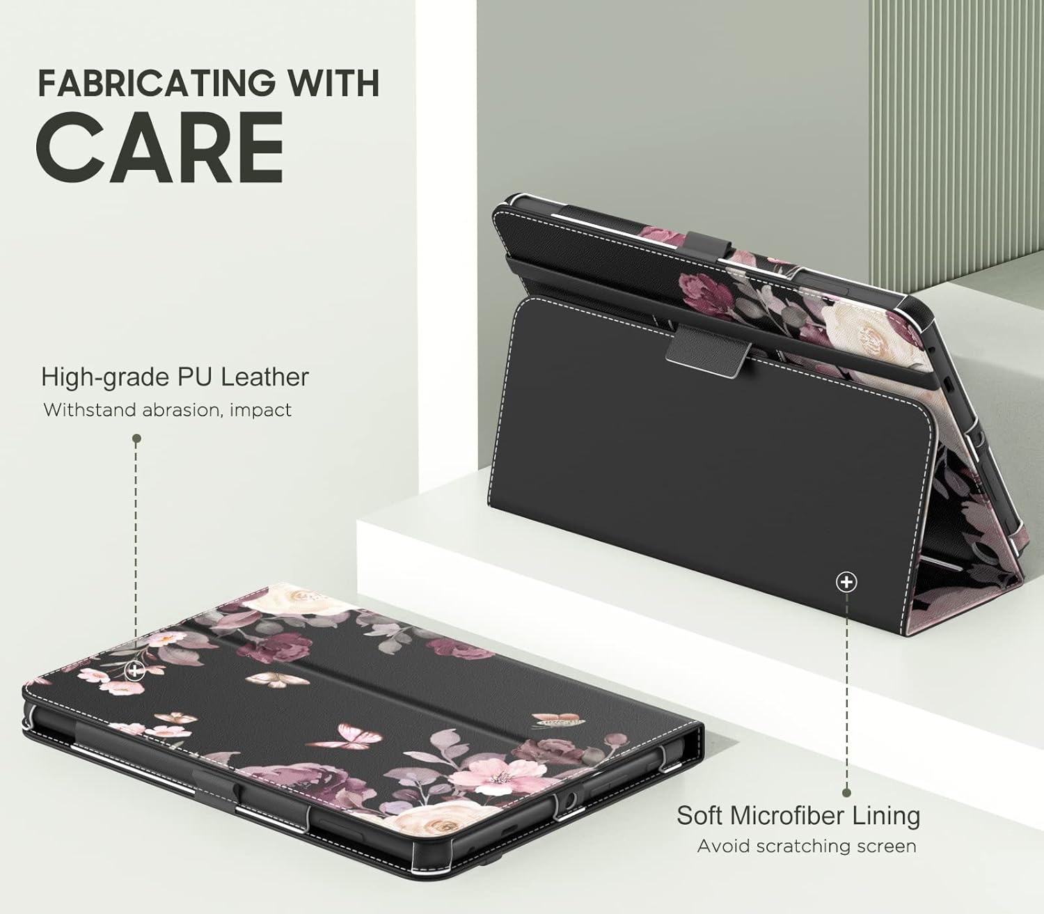 MoKo Case Fits Amazon Kindle Fire HD 8 & 8 Plus Tablet (12th Generation/10th Generation, 2024/2022/2020 Release) 8", Slim Folding Stand Cover with Auto Wake/Sleep, Purple Flowers on Black