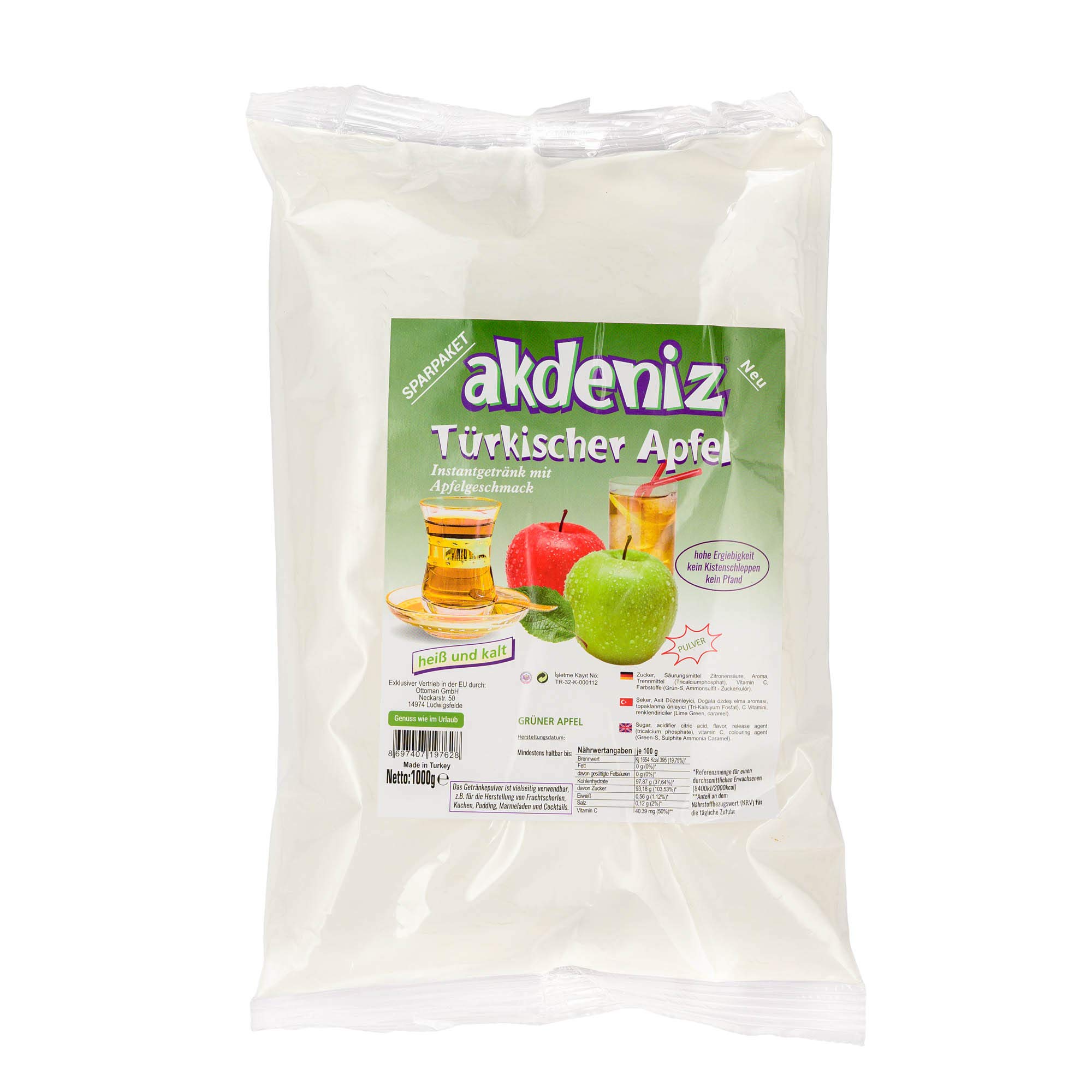 3x 1kg Akdeniz Türkisches Instantgetränk -grün- mit Apfelgeschmack Sparset Pulver