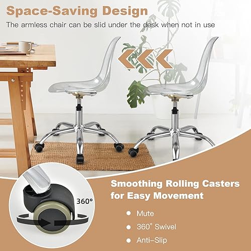 Miniatura 8 de COSTWAY Silla de escritorio de acrílico transparente, silla giratoria sin brazos de plástico con base de metal resistente y ruedas lisas, silla de