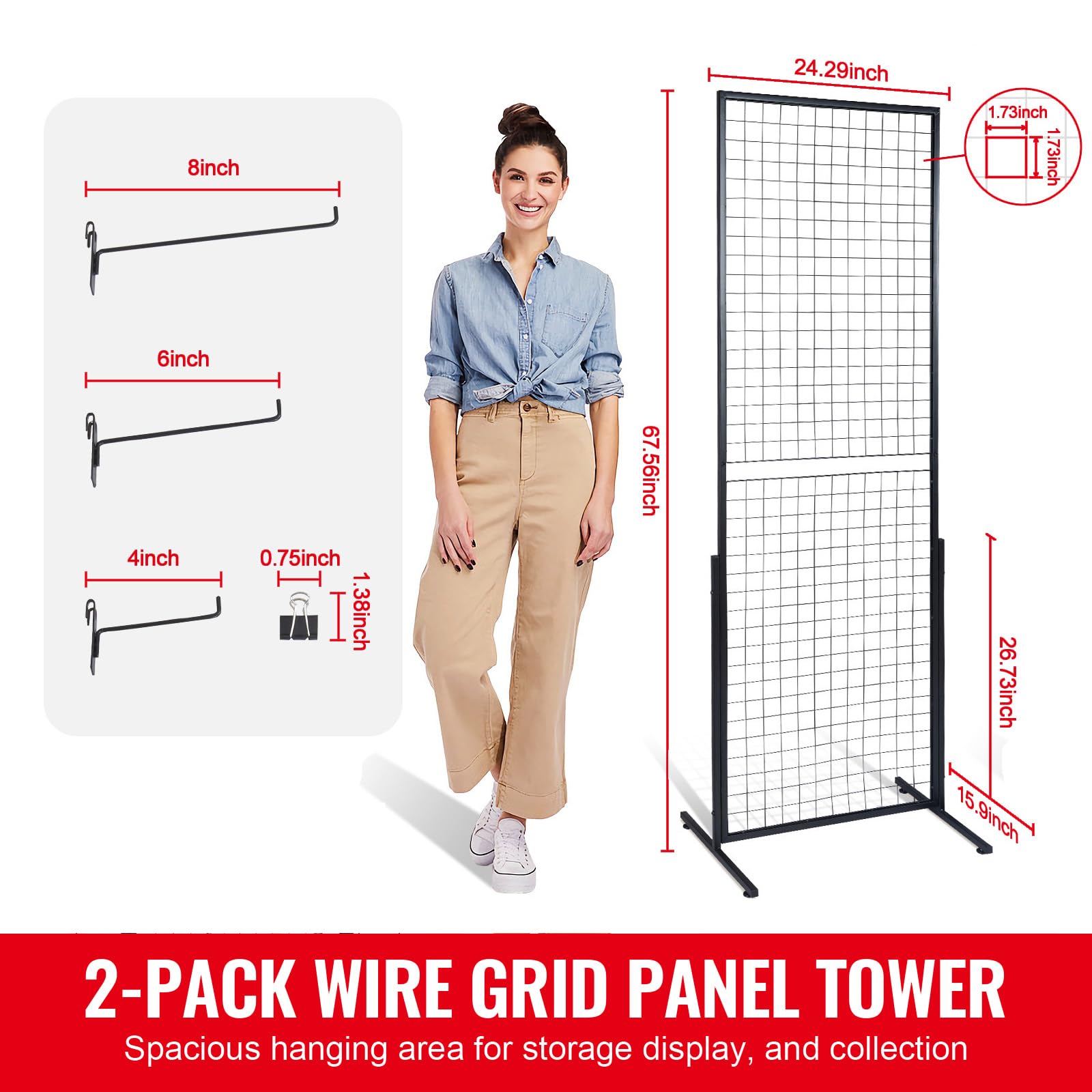 Happybuy 2' x 5.6' Grid Wall Panels Tower, 2-Pack Wire Gridwall Display Racks with T-Base, Double-Sided for Art & Craft Shows, Retail Display with Extra Clips and Hooks