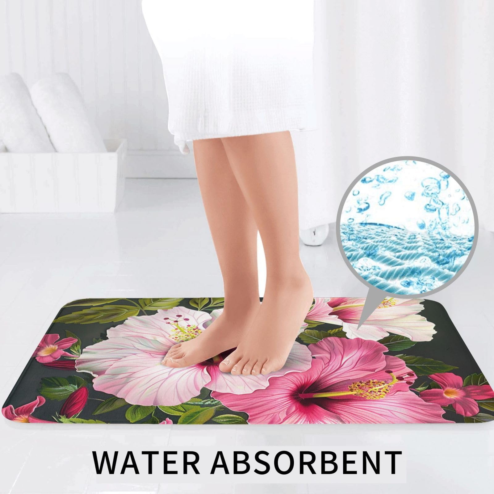 Lot de 3 tapis de salle de bain en flanelle avec tapis de bain + tapis contour + housse pour abattant de WC, motif fleurs d'hibiscus