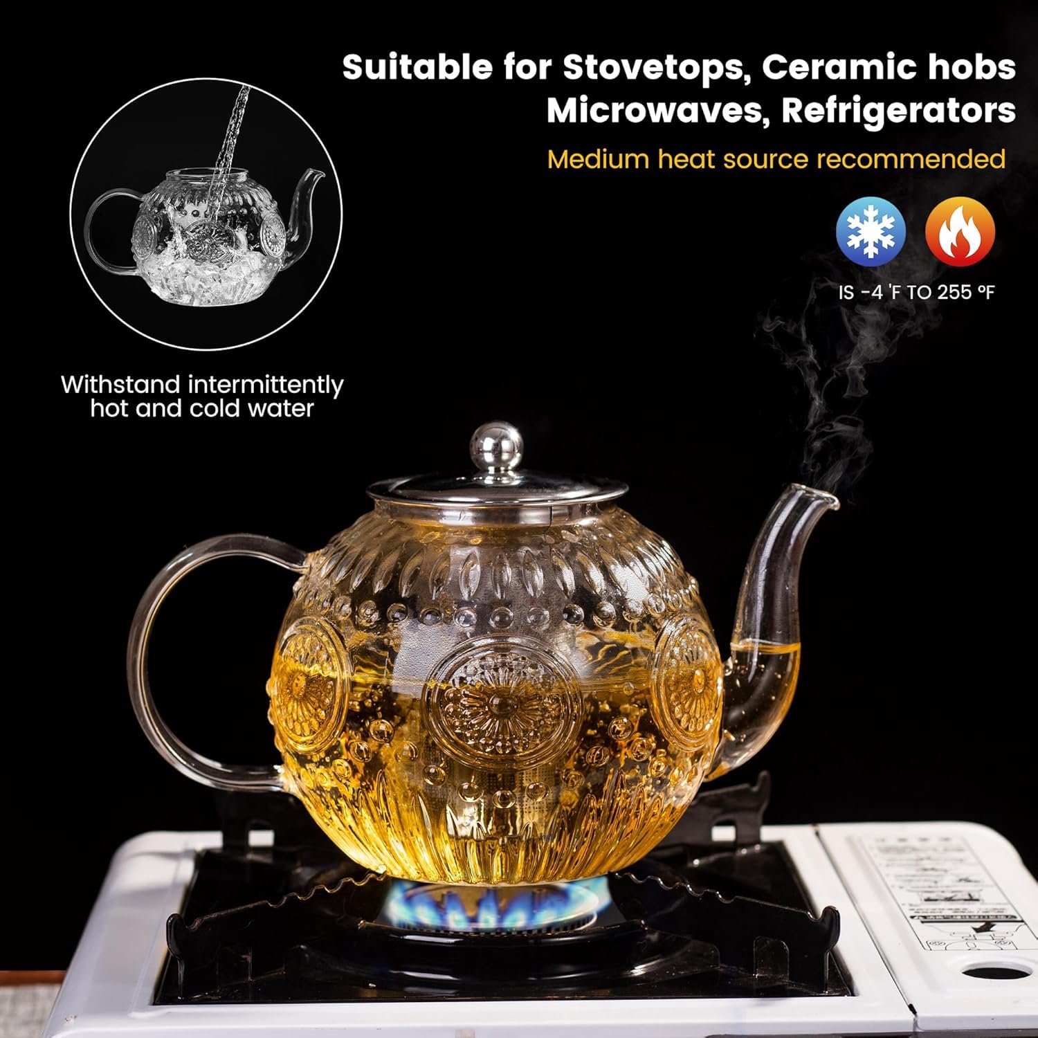 Teekanne Glas, Teekanne mit Siebeinsatz 1500ML aus Borosilikatglas Glaskanne, Deckel und Sieb aus Edelstahl ideal zur Zubereitung von losen Tees