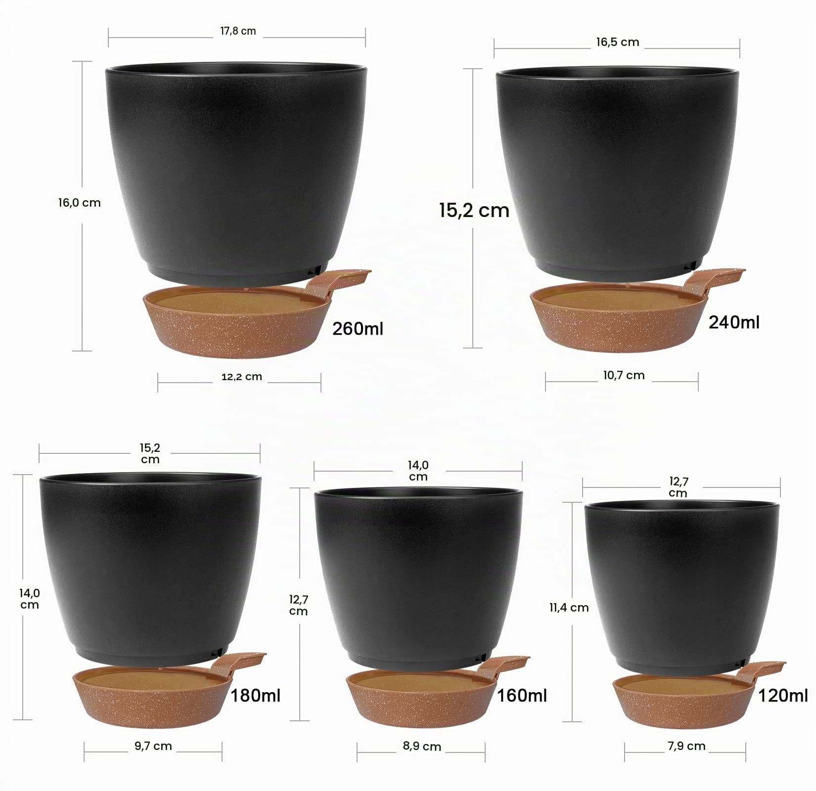 Idealife 5 Pcs Pots de Fleurs en Plastique, 17.8/16.5/15.2/13.9/12.7cm Pots à Fleurs/Plantes en Plastique, Auto-Arrosant avec Soucoupe de Fleur Convient aux Jardins de Balcon Intérieurs(Noir Marron)