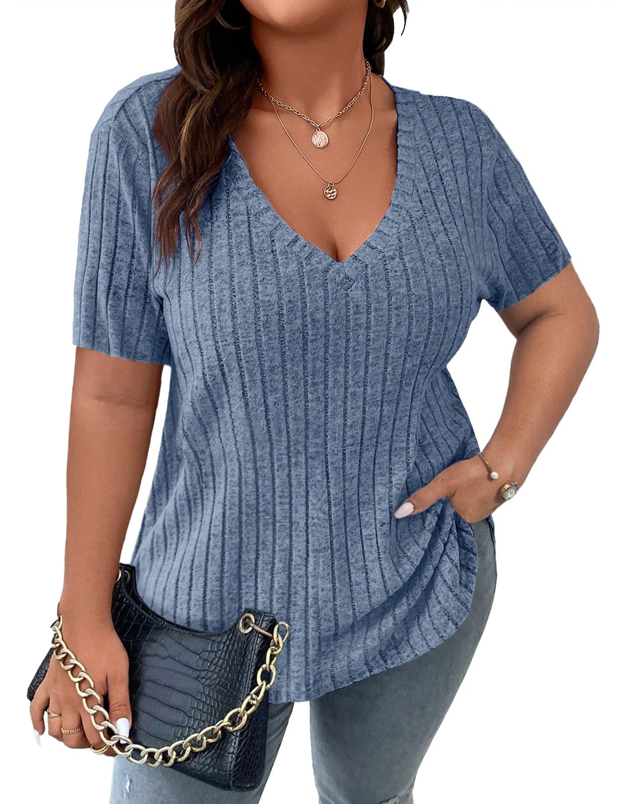 Koscacy Women's Plus Size Casual Tops V Neck Solid Color Shirts Lightweight Short Sleeve Blouses
