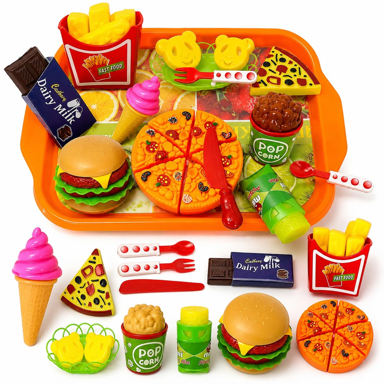 PLUSPOINT Pizza Party Fast Food Set Realistic Pizza Pretend Play Barger Fries and ice Cream with Tray Food Toy | Best Gifts Food playset for Boys Girls Kids- Multicolor 4 Years and up (Bakery)-image-40