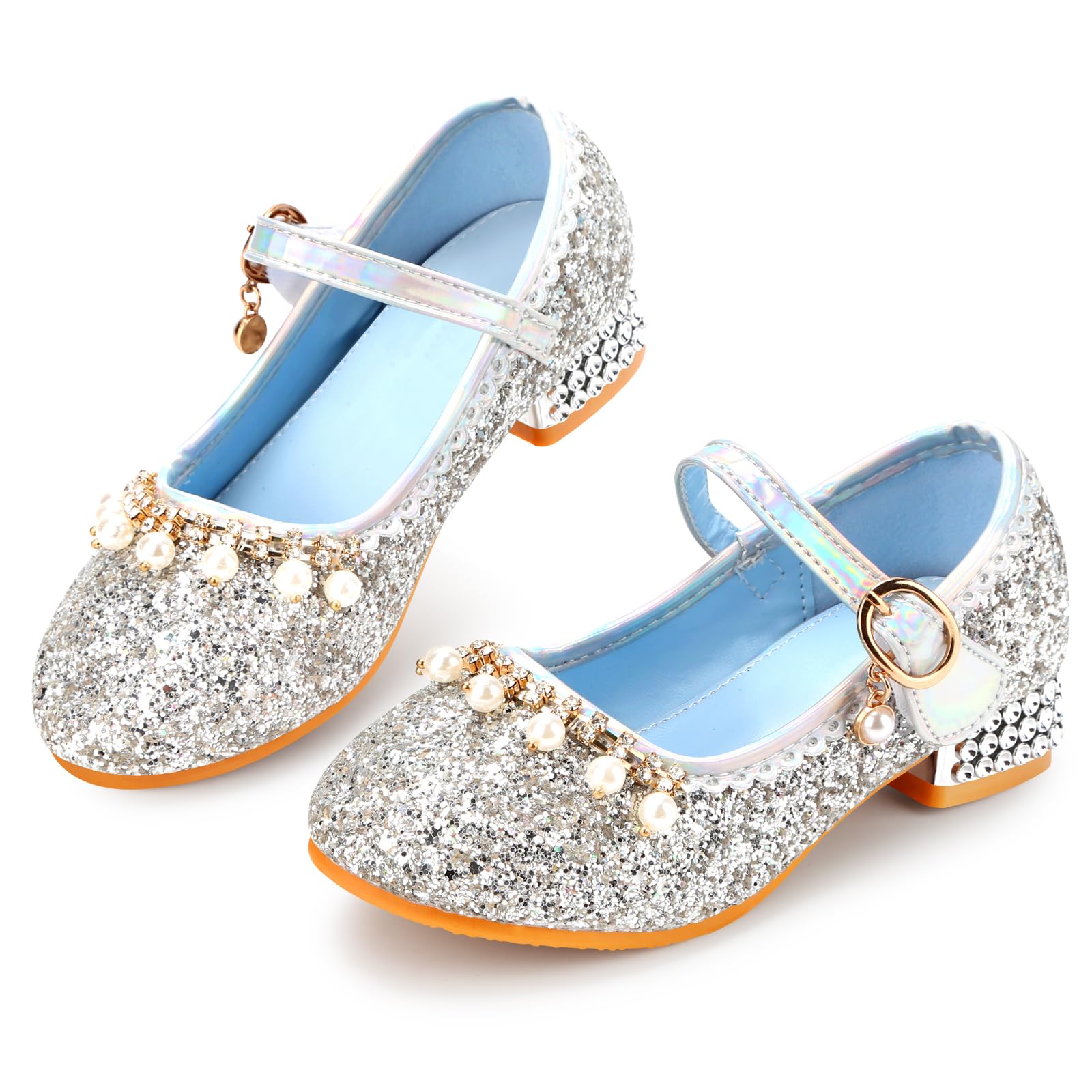 Qimaoo Girls Dress Shoes Mary Jane Princess Shoes Girls' Flats Glitter Low Heels Flower Wedding Party Footwear for Toddler Little/Big Kid