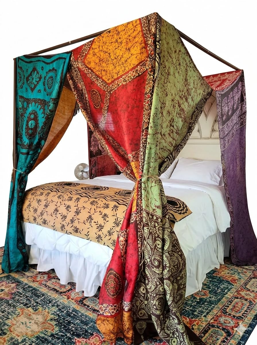 Betthimmel-Vorhänge, indische Seide, Sari, Sari, Boho-Vorhänge, böhmische Dekoration, böhmische Hochzeit, Hintergrund (Multi 1, Queen)