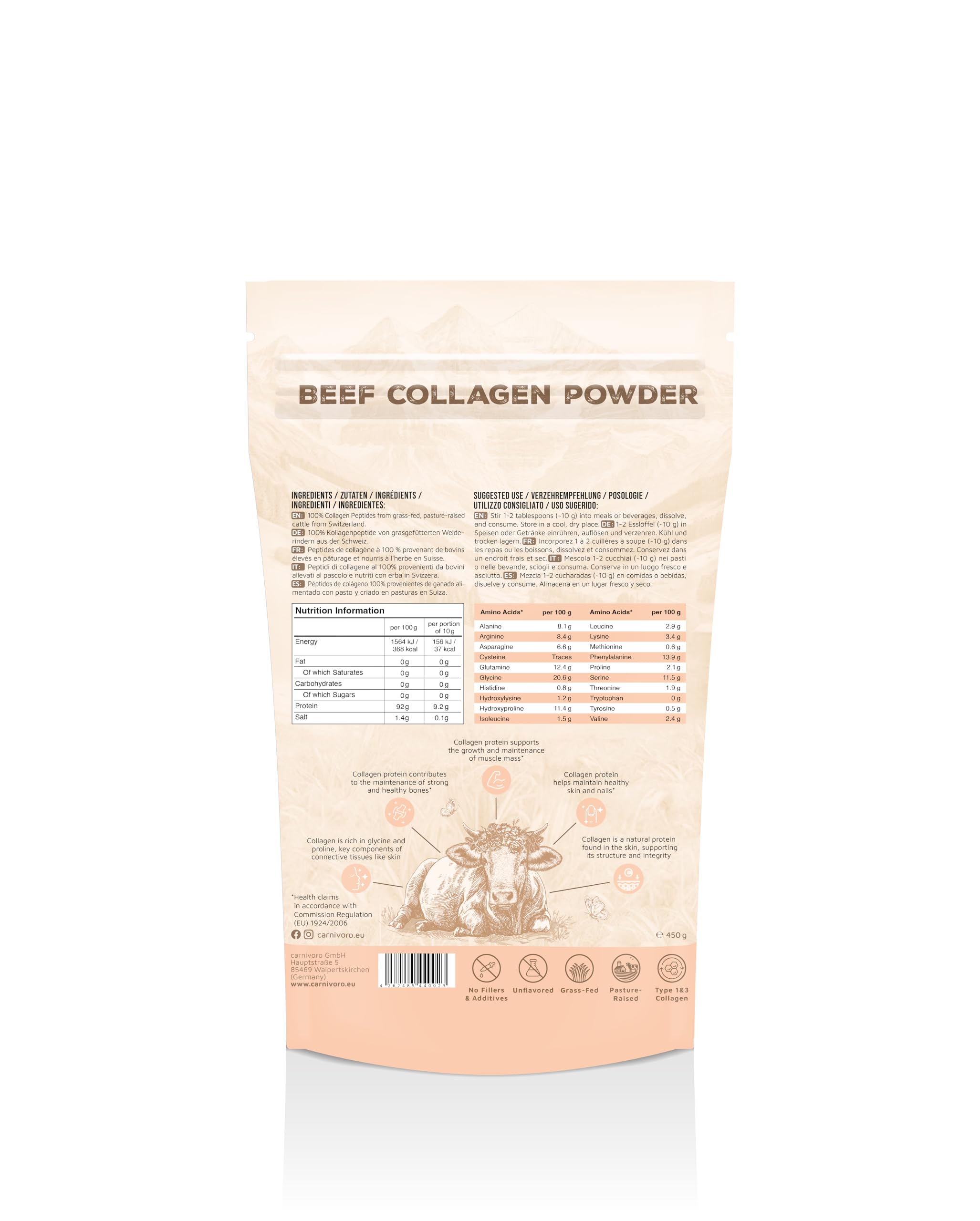 carnivoro Poudre de collagène de bœuf [450 g] - Hydrolysat de collagène de qualité supérieure de Suisse - Peptides de type 1 et 3 - Bonne solubilité - Neutre au goût