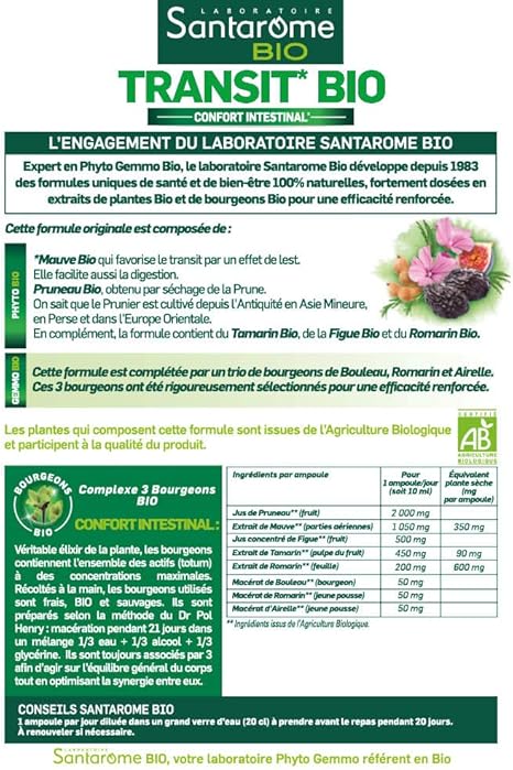 Santarome Bio Transit Bio Complement Alimentaire Confort Intestinal A Base De Tamarin Et Jus De Pruneau Ampoules Amazon Fr Hygiene Et Sante