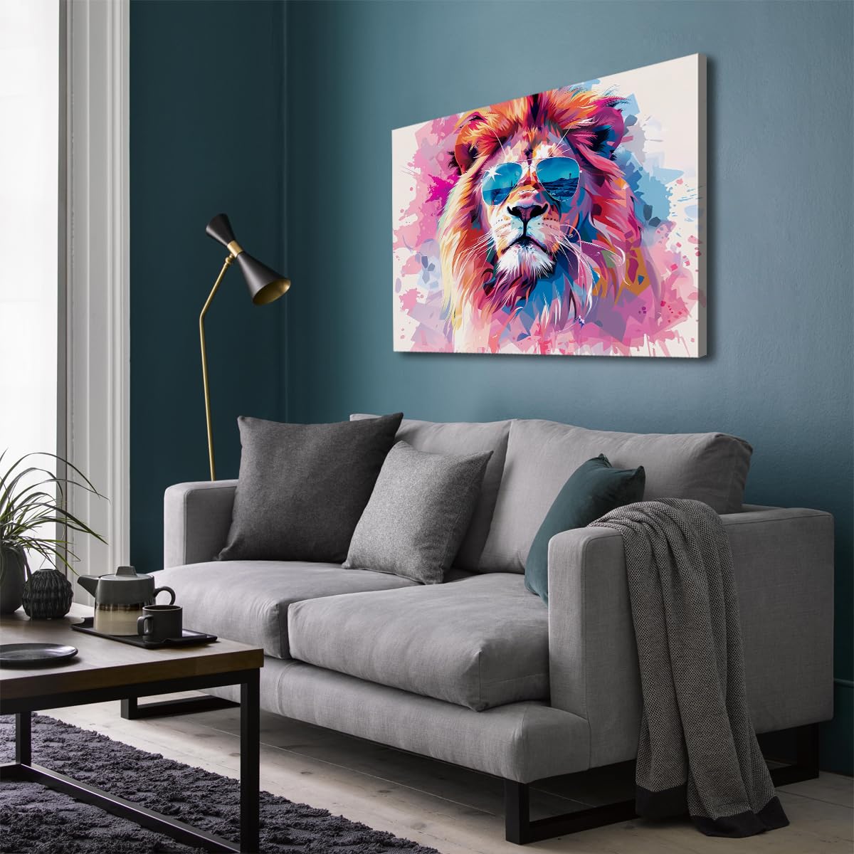 TOANGWALL Kolorowe okulary przeciwsłoneczne Lew Pop Art Canvas Wall Art Abstract Animal Prints Modern Mural Poster Painting for Living Room, Office, Home Decor 50 x 60 cm
