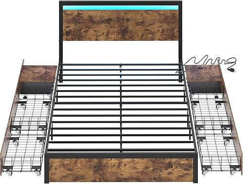 Miniatura 6 de Base de cama matrimonial con 4 cajones de almacenamiento y 2 mesitas de noche, marco de cama con cabecera LED y estación de carga, marco de cama de
