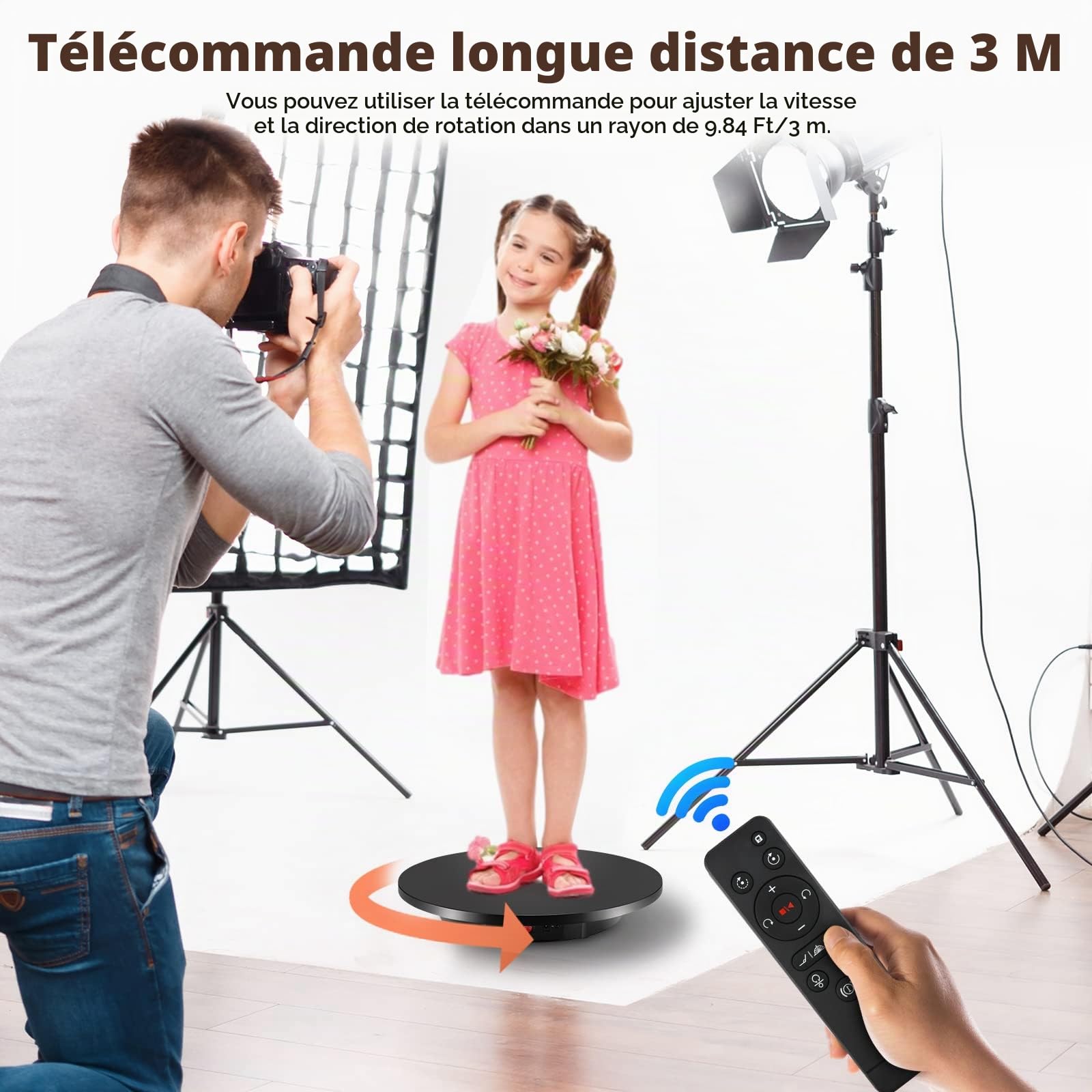 Aomdom Plateau Tournant Electrique, Table Tournante Rotative électrique Rechargeable, 360° Affichage Rotatif du Produit, Vitesse Réglable Direction, Charge 100 kg, diamètre 42 cm