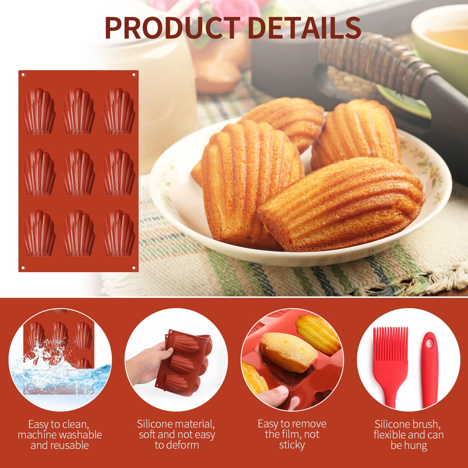 GlasFlength Madeleine silikonowe formy do pieczenia, 2 szt. Madeleines forma do pieczenia łap niedźwiedzia, 9 pustych przestrzeni z silikonowym pędzlem, wielokrotnego użytku, do ciast, czekolady
