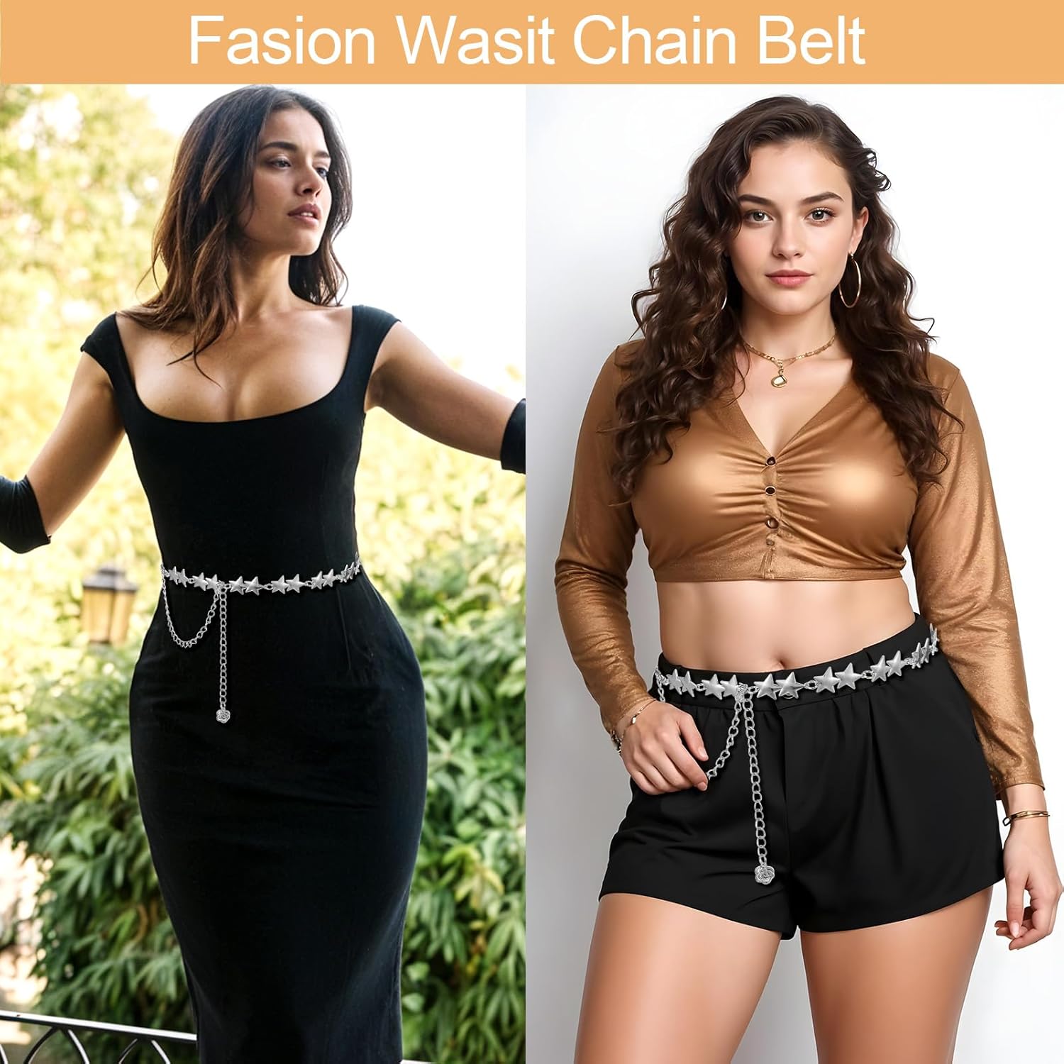 Silver Star Chain Belt, Women Waist Chain, Festival Belt Adjustable Plus Size Belts Chains Fashion, Body Chains Jewelry Accessory for Dress and Pants(Silver) - Image 4
