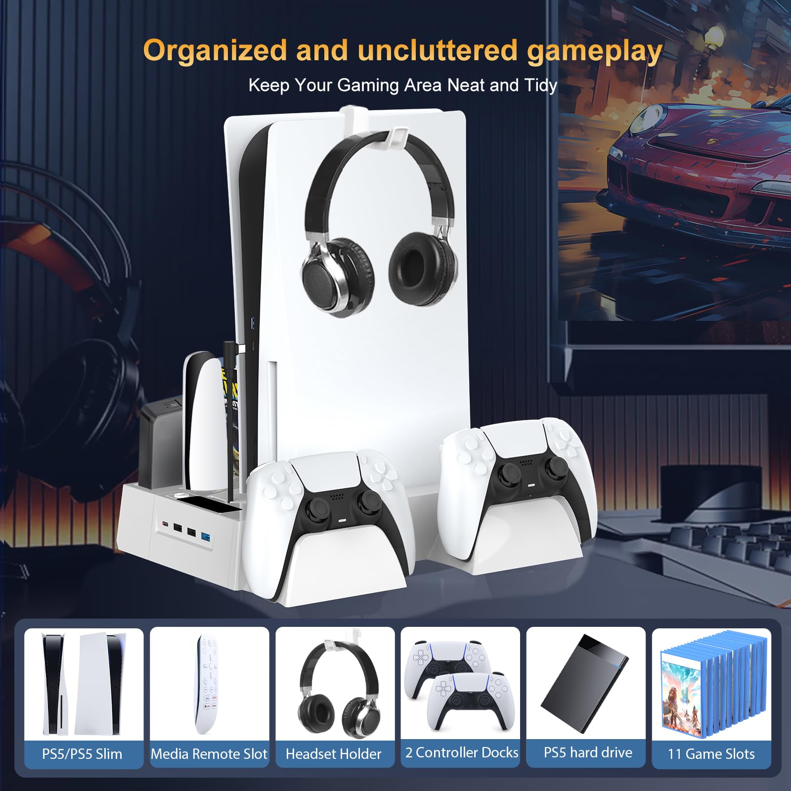 Stacja chłodząca PS5/Slim do PS5 Disc & Digital, stojak chłodzący PS5 z podwójnym kontrolerem ładowanie do konsoli PlayStation 5, wielofunkcyjna ładowarka do PlayStation 5, akcesoria, kontroler