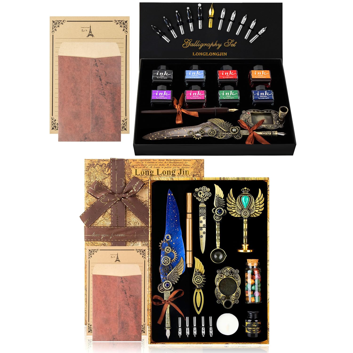LongLongJin Calligraphy Pens and 8*Colors Ink Set + Wax Seal Stamp Kit，Beginner Calligraphy Quill Pen Lovers of All Ages Selection Gift
