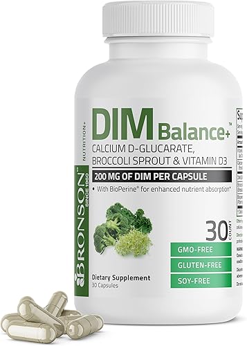 Bronson DIM Balance+ D-glucarato de calcio, brotes de brócoli y vitamina D3 200 mg de DIM por cápsula apoya el metabolismo de estrógeno y los