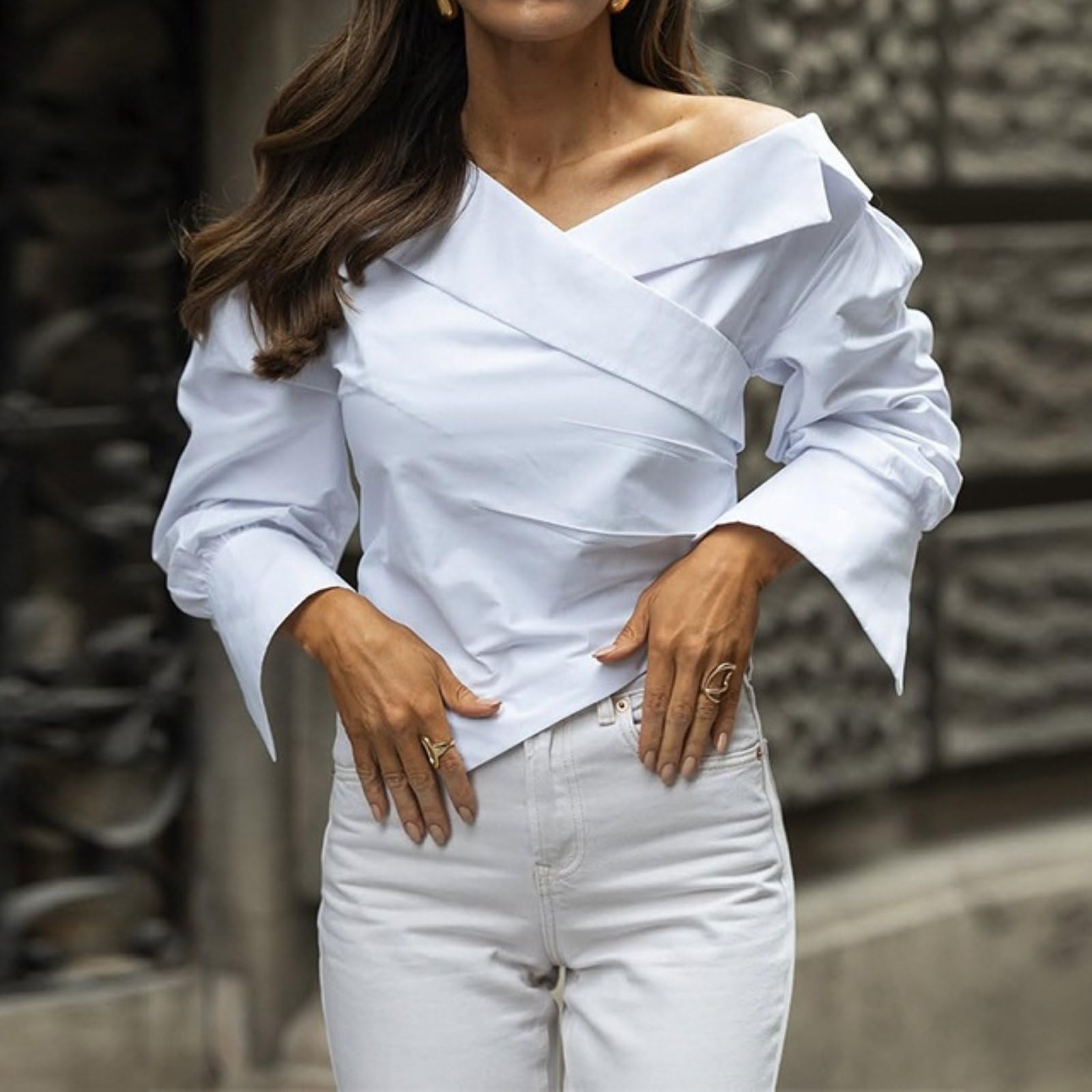 Décontracté Irrégulière Une Épaule Tops Pour Femmes Lacets Plissé Solide Cropped Work Blouse