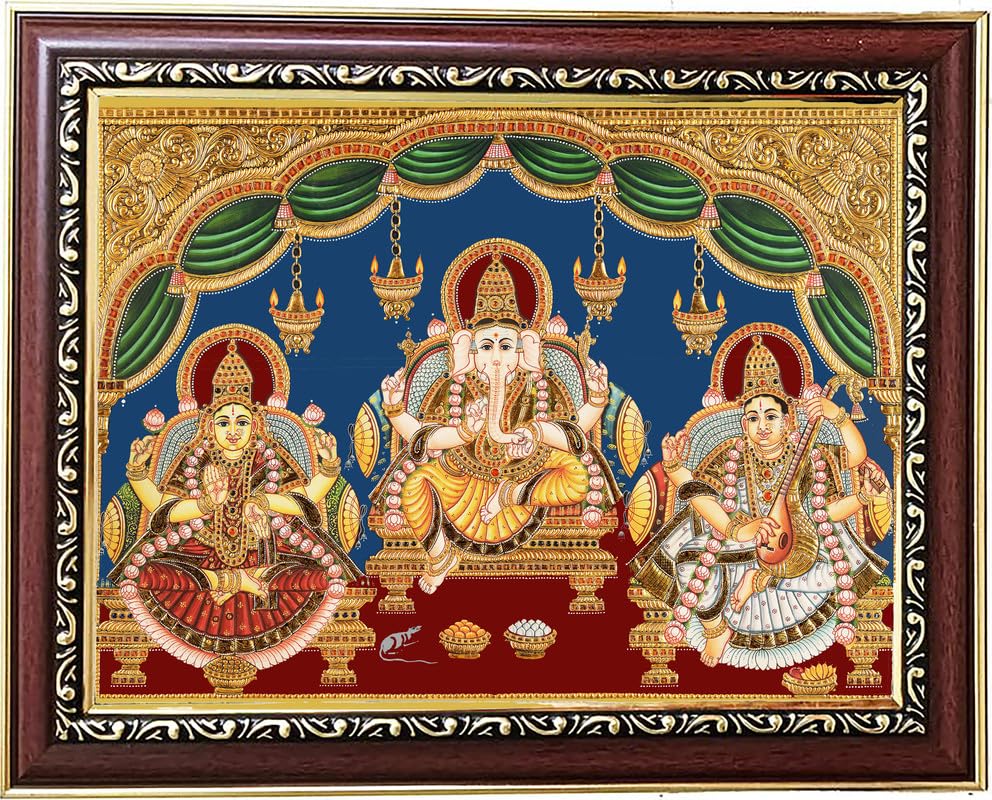 AllZon Ganesha Saraswathi Lakshmi 3 God Digital Tanjore Art with Brown Photo Frame -10″x12″ AllZon Ganesha Saraswathi Lakshmi 3 God Digital Tanjore Art with Brown Photo Frame -10″x12″