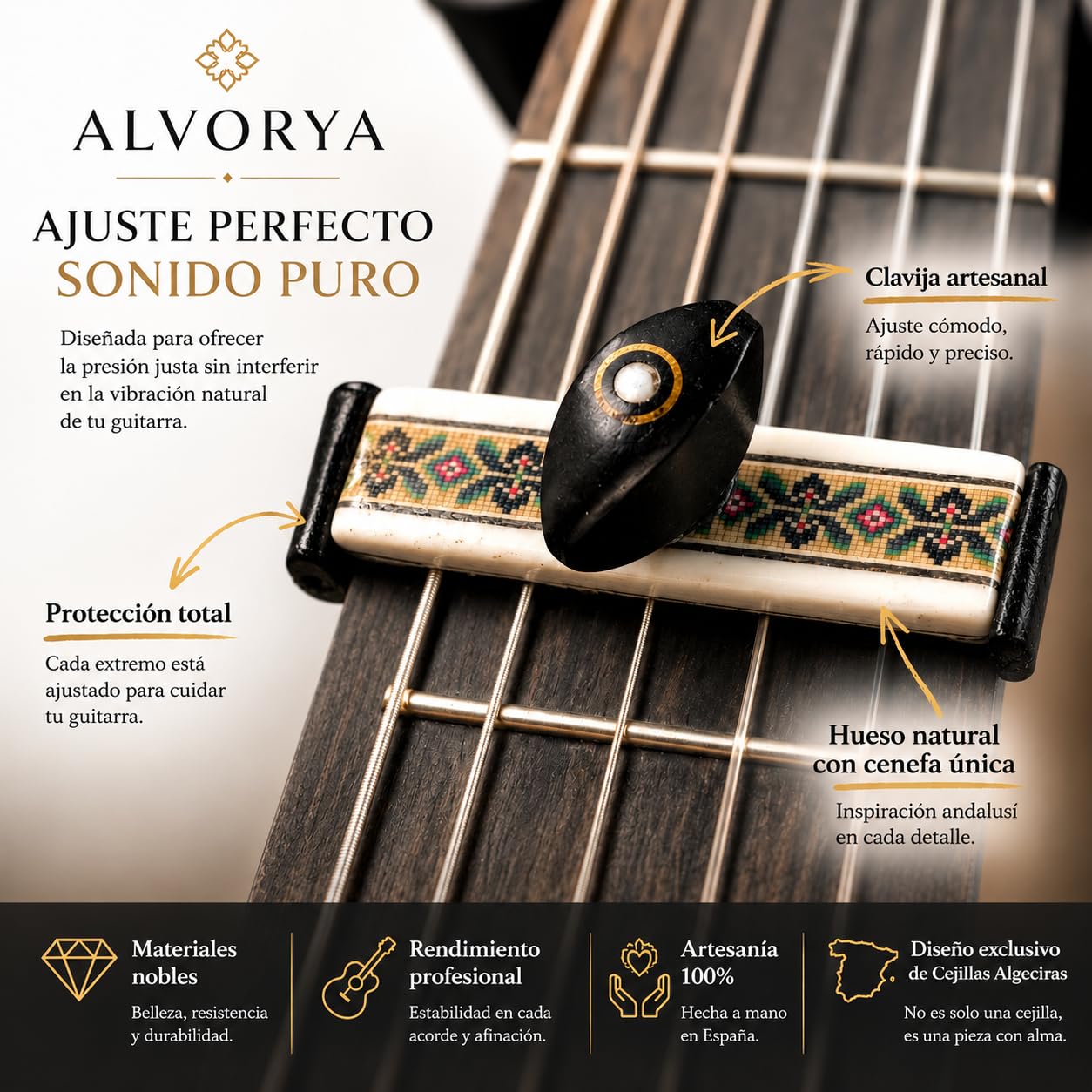 Cejilla Artesanal de Hueso Natural y Ébano para Guitarra Flamenca y Clásica | Modelo ALVORYA | Hecha a Mano en España | Diseño Exclusivo Inspirado en Al-Yazira