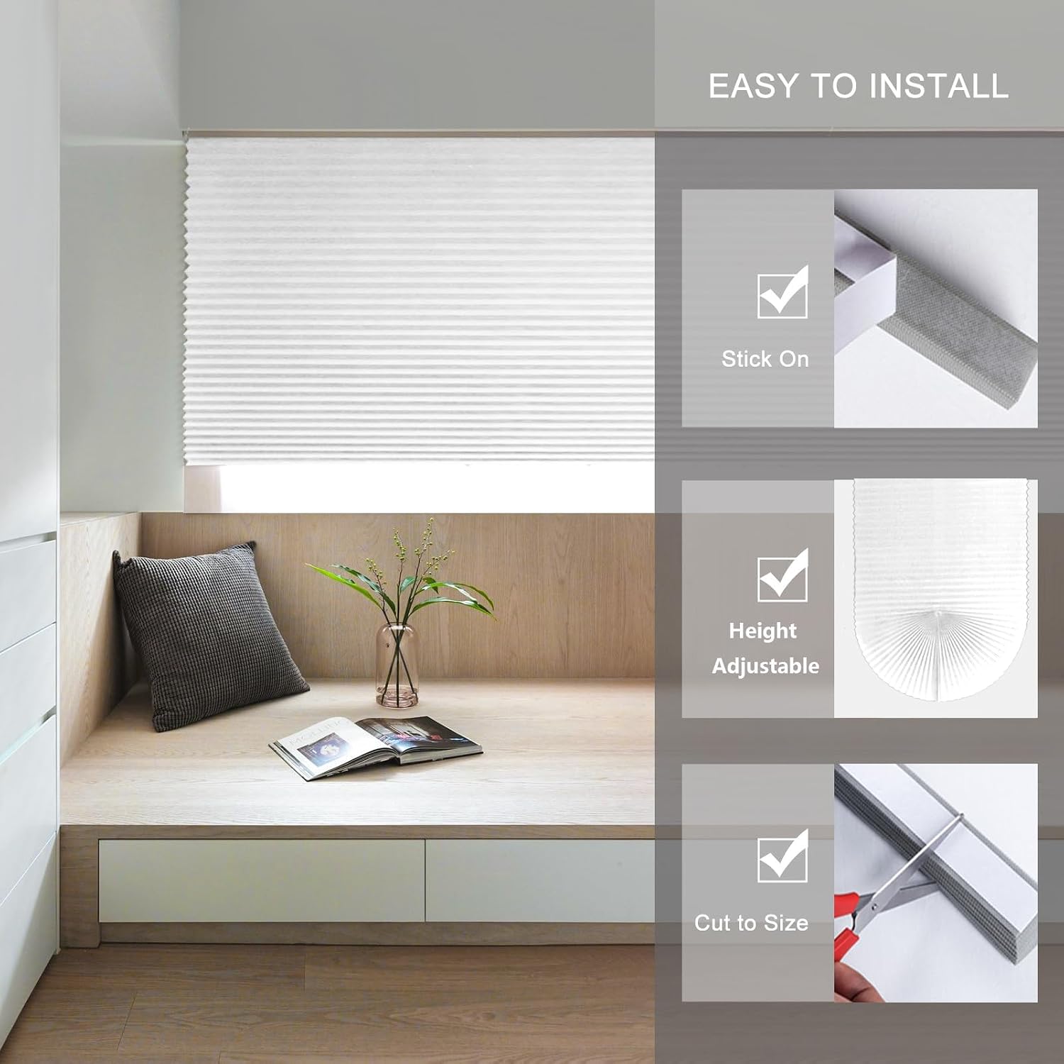 Paper Blinds Temporary Window Blinds Light Filtering No Drill Stick on Cut to Size Cordless Self Adhesive Pleated Shades for Kitchen Bathroom Windows Doors (1, White, WxH 35x59 in)