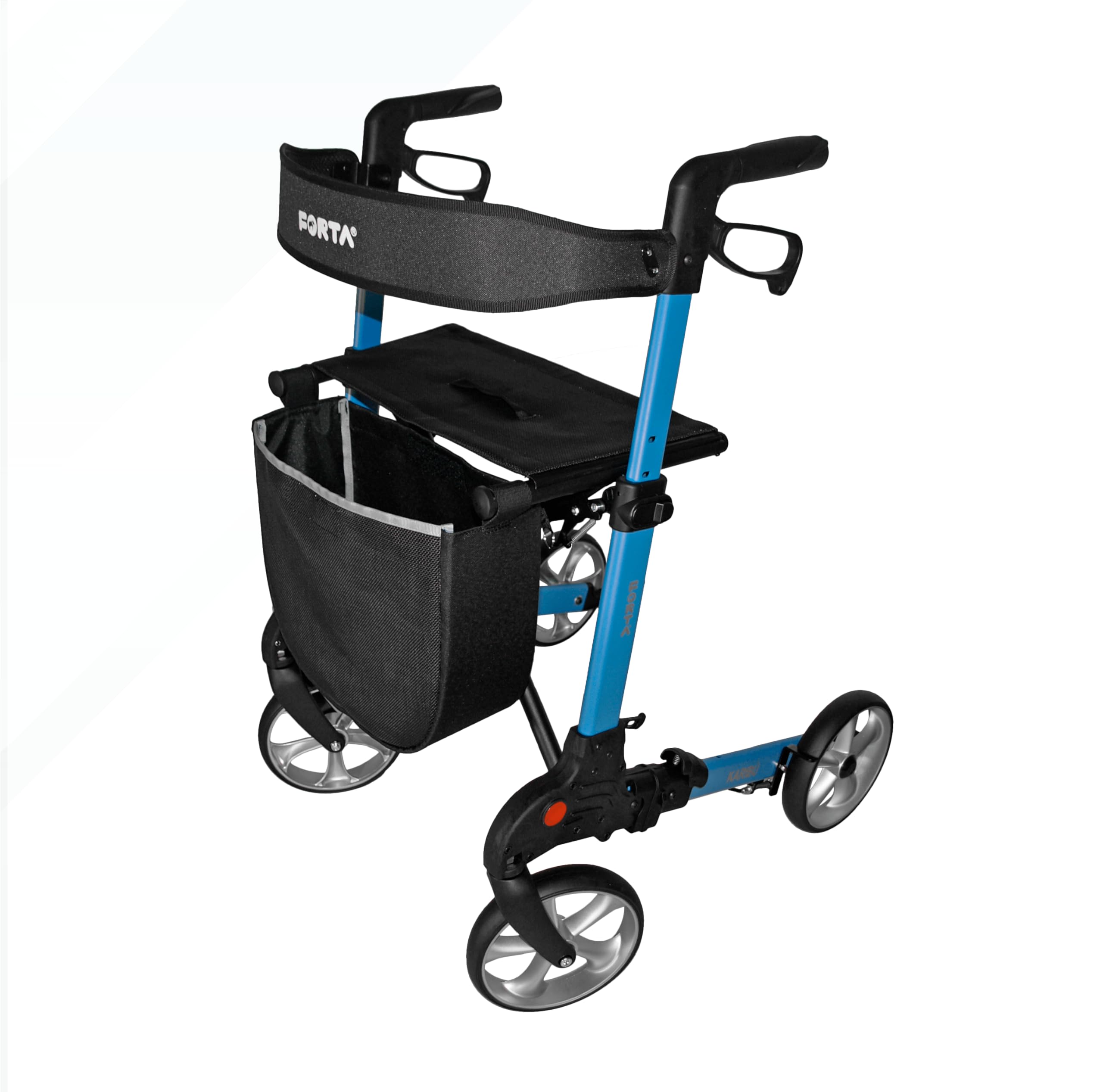 Forta - Andador Rollator Karibú, Andador para Ancianos, con Asiento y Cesta de tela, Freno de maneta, Andador Plegable, Peso máximo 130 kg, Talla L, Azul