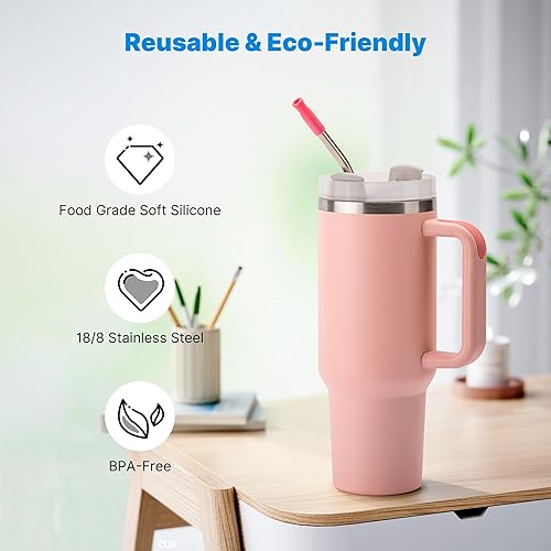 Miniatura 44 de Metal Straw with Silicone Tip for 40oz Stanley Cup, 2 Pcs Stainless Steel Straws Replacement for Stanley 40 oz Adventure Quencher Travel Tumbler