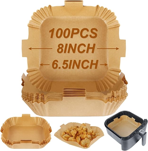 BYKITCHEN 100pcs Air Fryer Parchment Paper Liner, Square Air Fryer Liners Disposable, Greaseproof Paper for Air Fryer, Compatible with COSORI, Ninja, Tower (Unbleached)