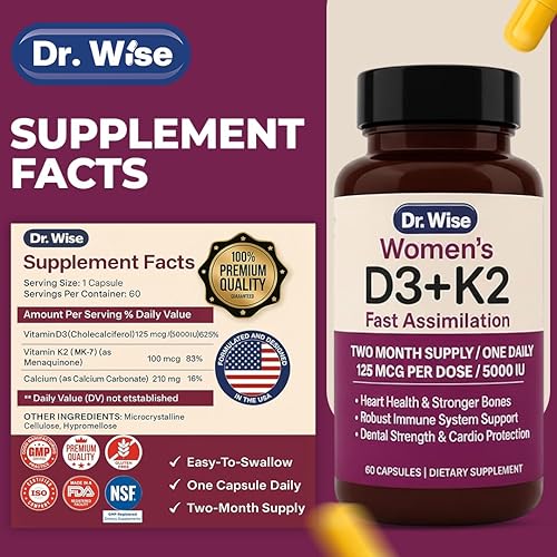 Miniatura 7 de Dr. Wise Vitamina D3 5000 UI + K2 MK-7  Suplemento de vitamina D3 K2 de alta potencia una vez al día para huesos fuertes, corazón e inmune  Fácil de