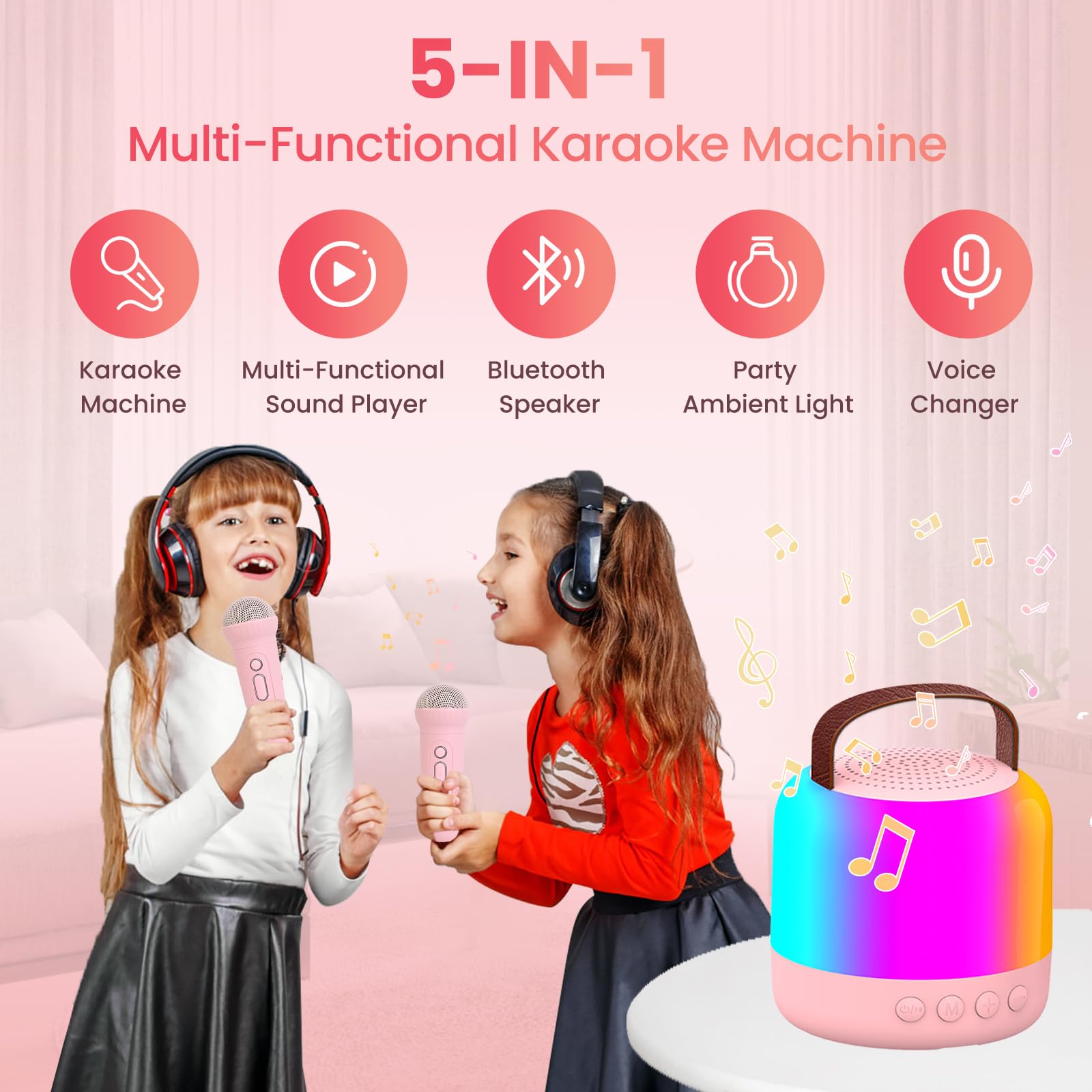 AIUNAOM Karaoke per Bambini con 2 Microfoni Wireless Altoparlante Bluetooth Portatile con Luci LED a Cinque Colori e 5 effetti Sonori Magici Giocattolo Ragazzi e Ragazze Miglior Regalo Festivo(Rosa)